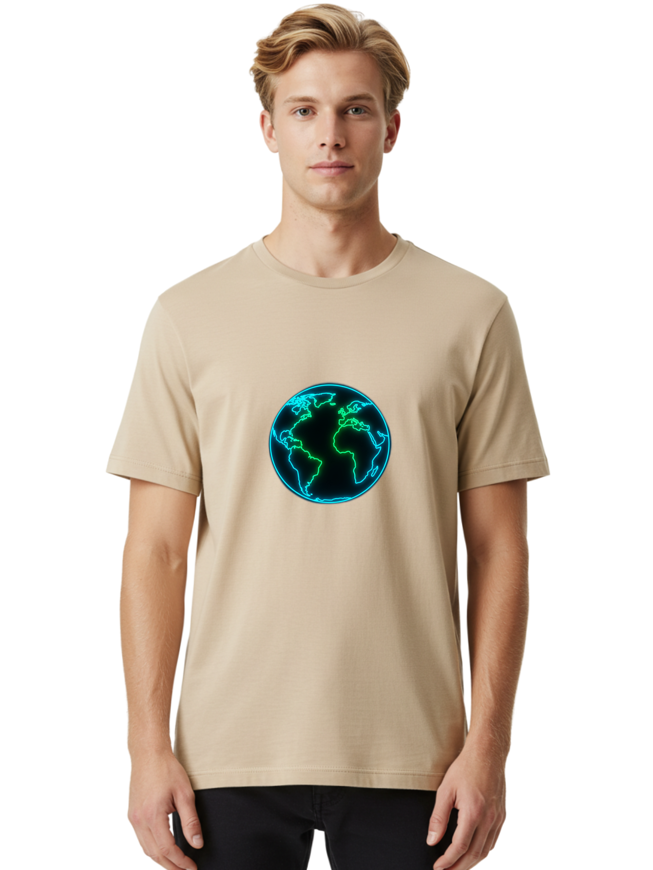 Glowing-Earth Men'S Graphic Tee, 100% Cotton, Comfortable Casual Summer Wear, Machine Washable, Glowing Earth, Neon Map, Global Technology, Digital Planet, Africa And South America Centered, Futuristic Design, Blue And Green Glow Baa765