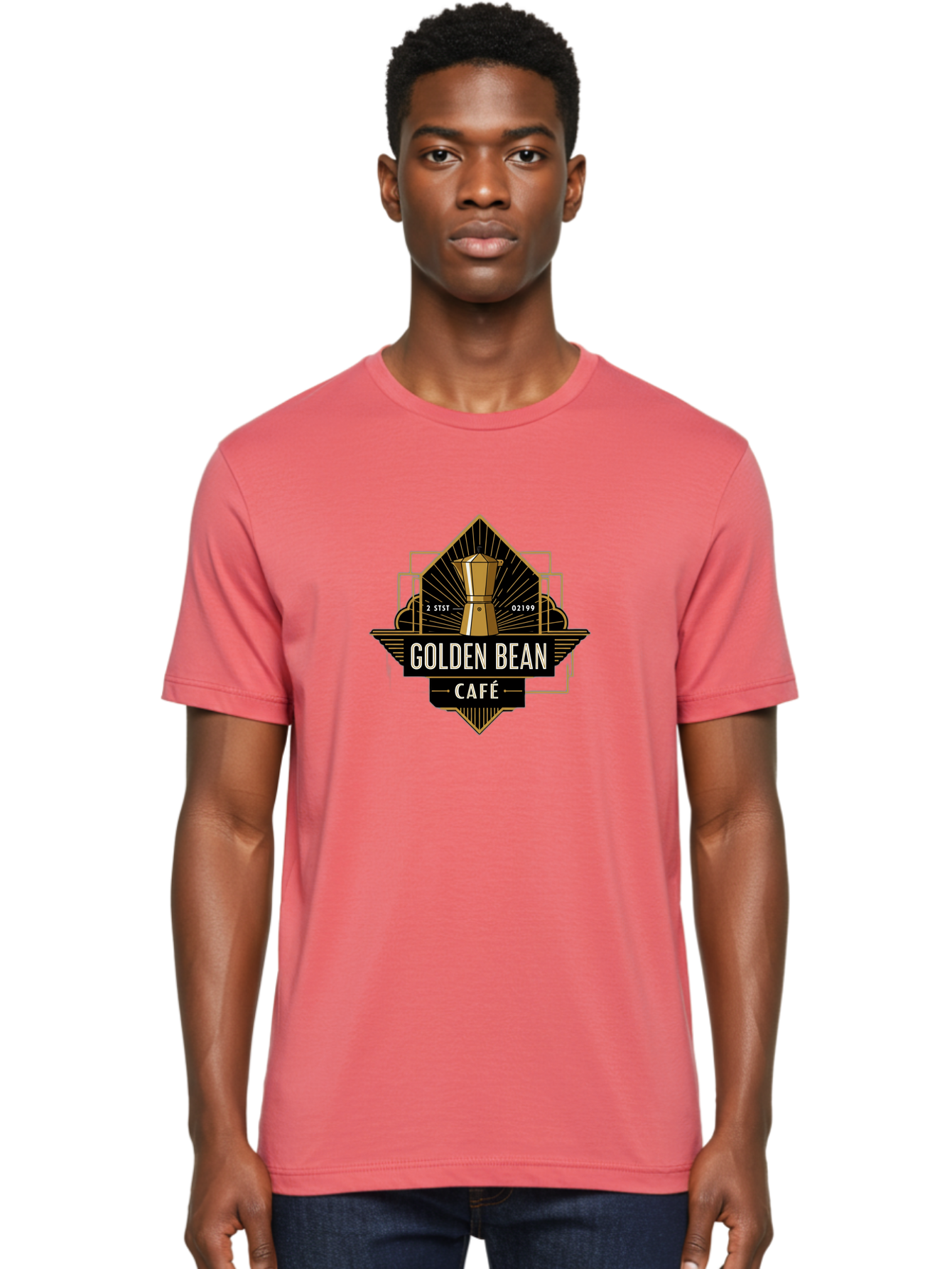 Golden-Bean-Cafe Men'S Graphic Tee, 100% Cotton, Comfortable Casual Summer Wear, Machine Washable, Coffee Shop Logo, Coffee Bean, Cafe Branding, Gold Accents, Art Deco Style, Vintage Flair, Coffee Culture, Cafe Experience, Specialty Coffee Baa767