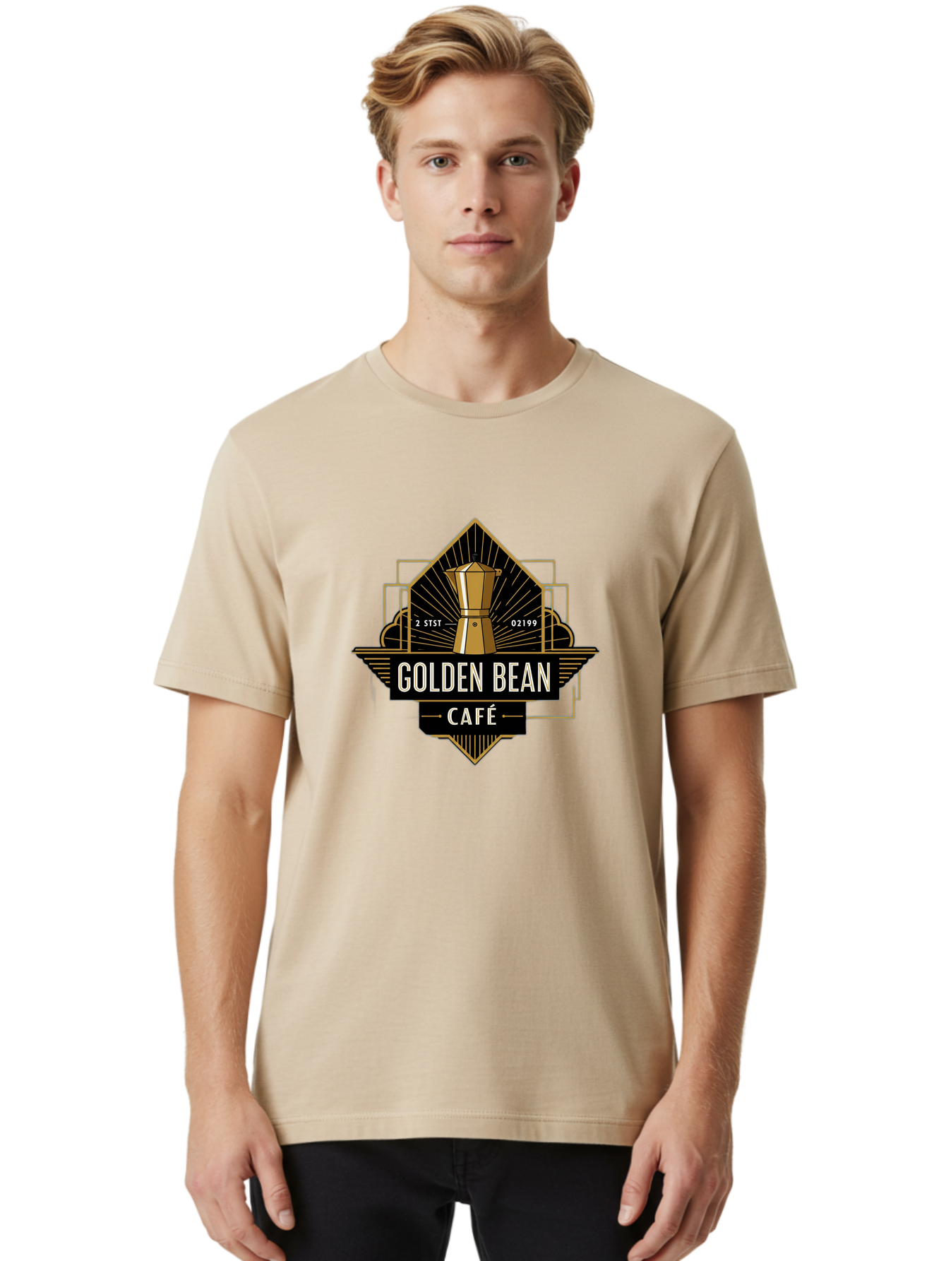 Golden-Bean-Cafe Men'S Graphic Tee, 100% Cotton, Comfortable Casual Summer Wear, Machine Washable, Coffee Shop Logo, Coffee Bean, Cafe Branding, Gold Accents, Art Deco Style, Vintage Flair, Coffee Culture, Cafe Experience, Specialty Coffee Baa767