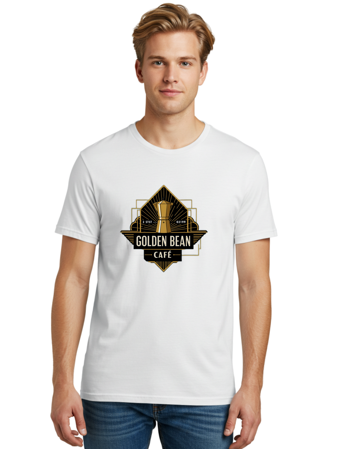 Golden-Bean-Cafe Men'S Graphic Tee, 100% Cotton, Comfortable Casual Summer Wear, Machine Washable, Coffee Shop Logo, Coffee Bean, Cafe Branding, Gold Accents, Art Deco Style, Vintage Flair, Coffee Culture, Cafe Experience, Specialty Coffee Baa767