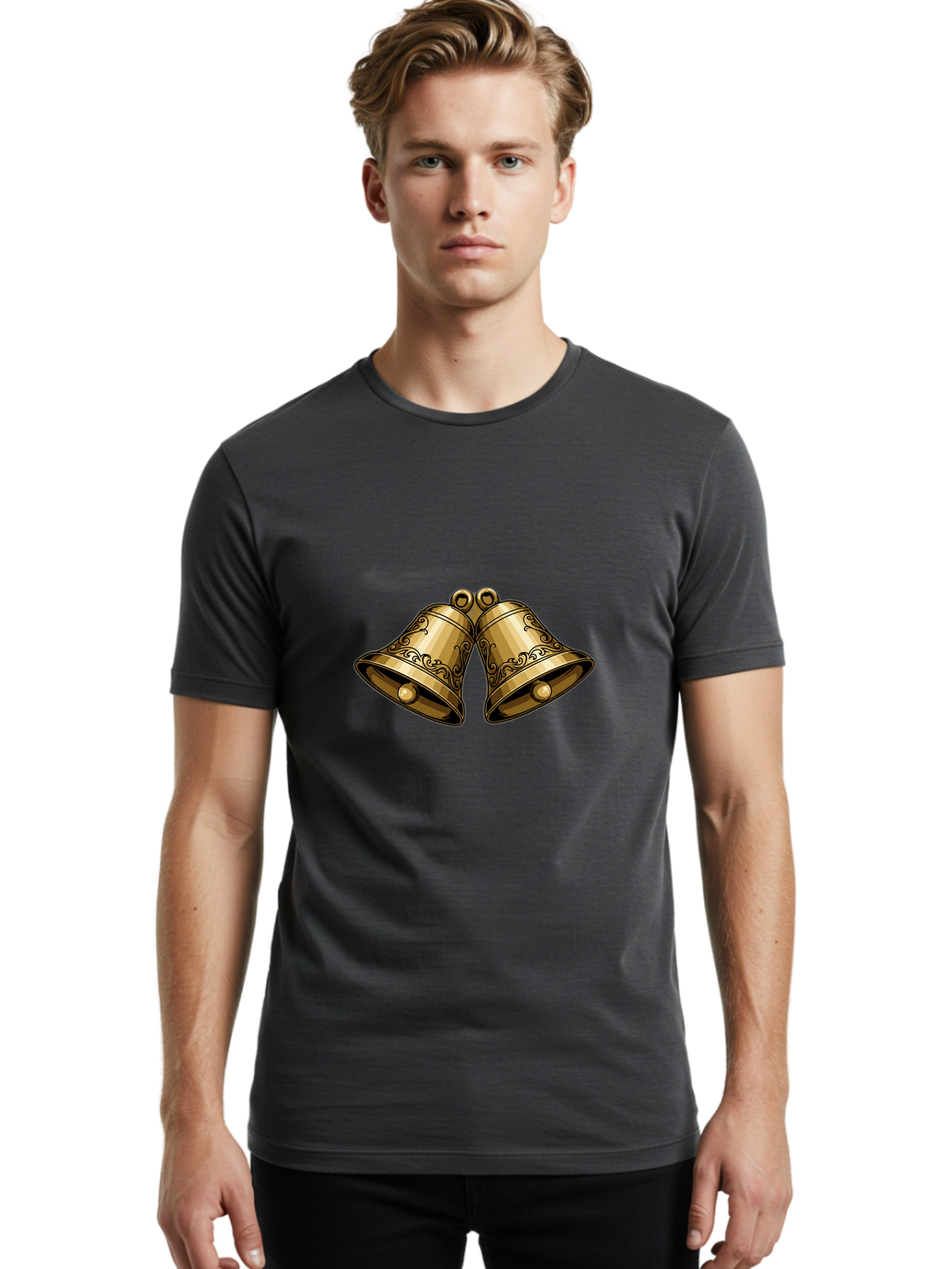 Golden-Bells-2 Men'S Graphic Tee, 100% Cotton, Comfortable Casual Summer Wear, Machine Washable, Golden Bells, Decorative Bells, Ornate Design, Festive Decor, Holiday Decorations, Vintage Style, Luxurious Feel, Celebratory Atmosphere Baa769