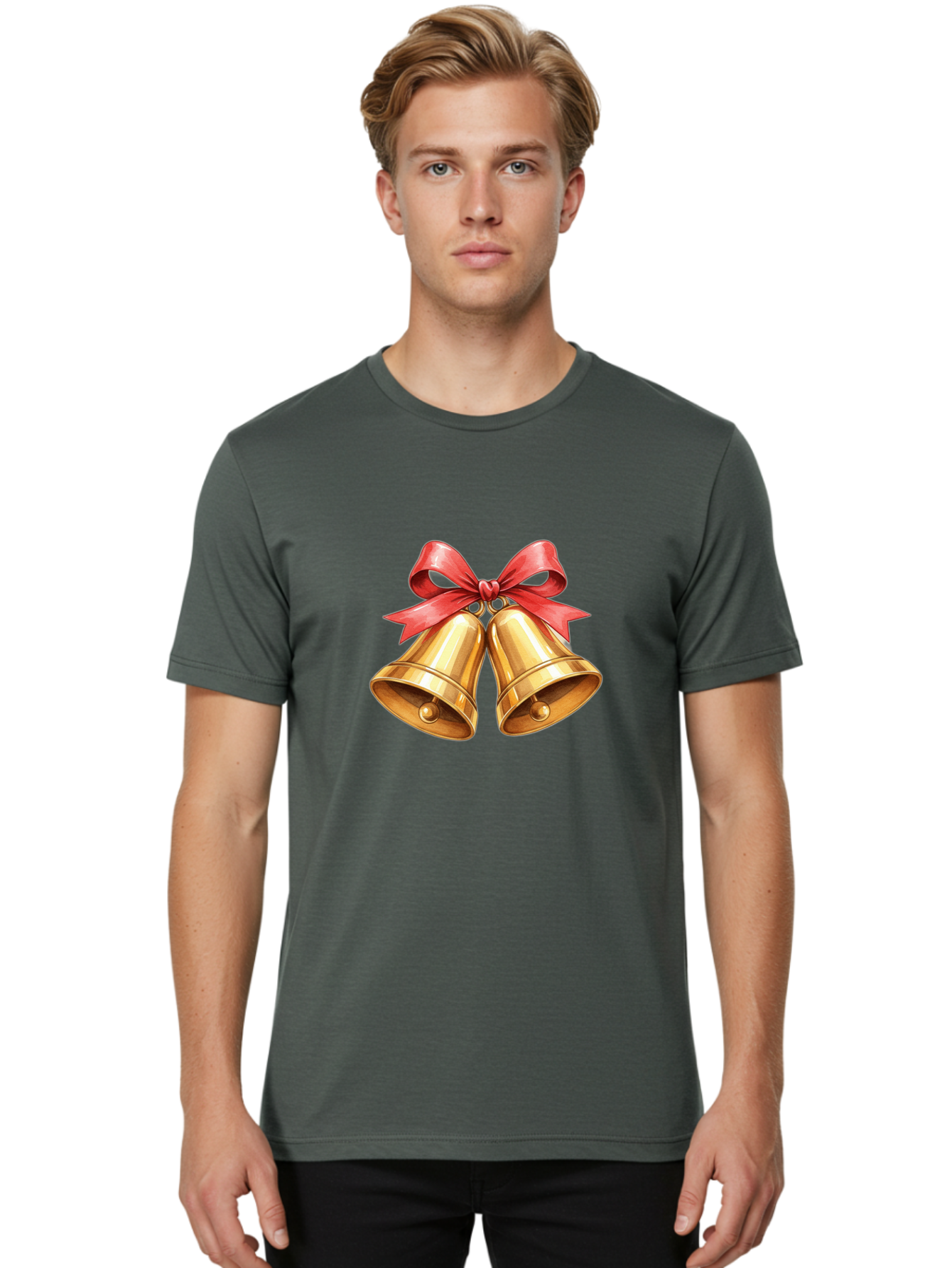 Golden-Bells-4 Men'S Graphic Tee, 100% Cotton, Comfortable Casual Summer Wear, Machine Washable, Golden Bells, Red Ribbon, Festive Decoration, Christmas Bells, Holiday Decor, Shiny Bells Baa771
