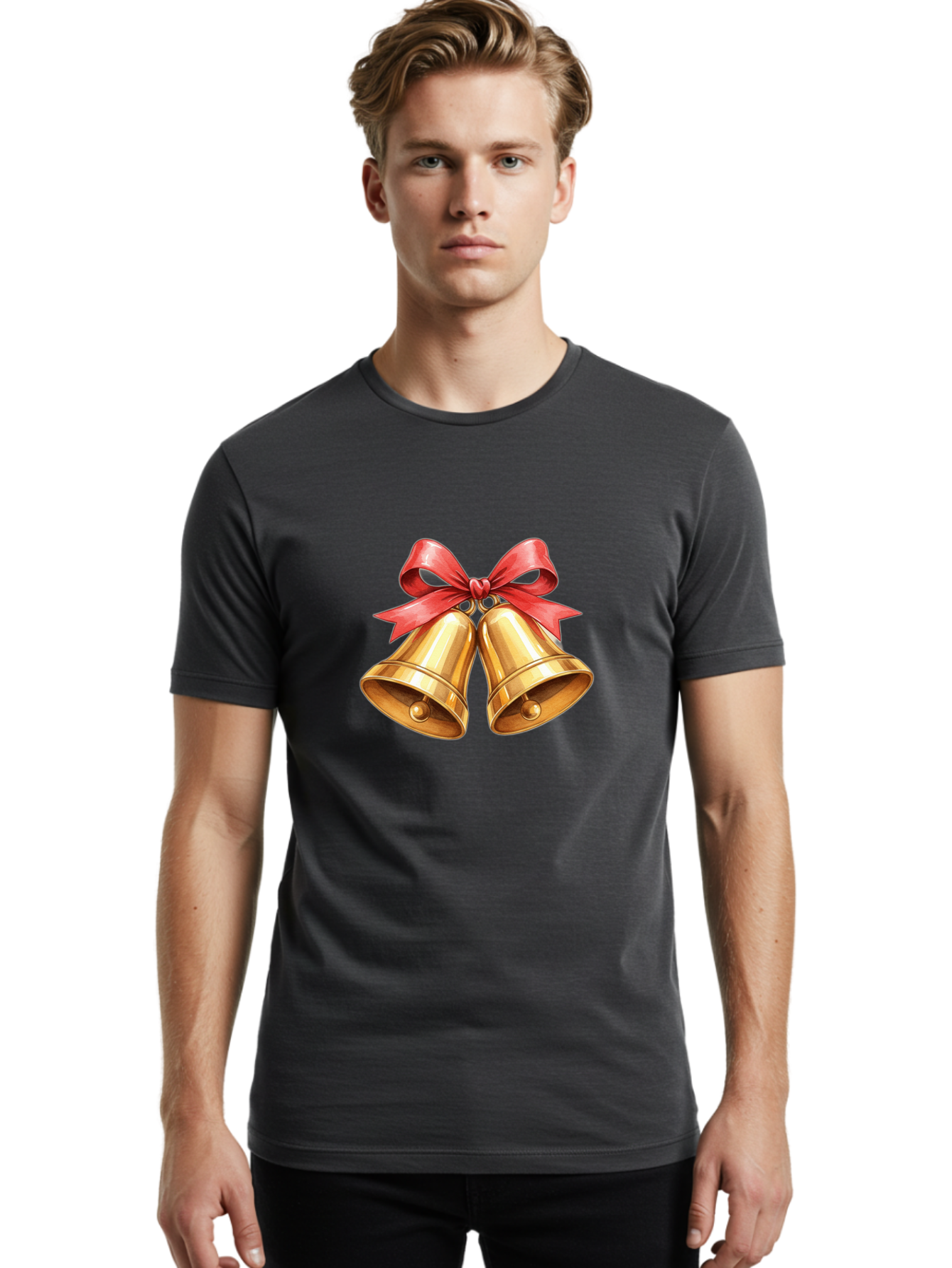 Golden-Bells-4 Men'S Graphic Tee, 100% Cotton, Comfortable Casual Summer Wear, Machine Washable, Golden Bells, Red Ribbon, Festive Decoration, Christmas Bells, Holiday Decor, Shiny Bells Baa771
