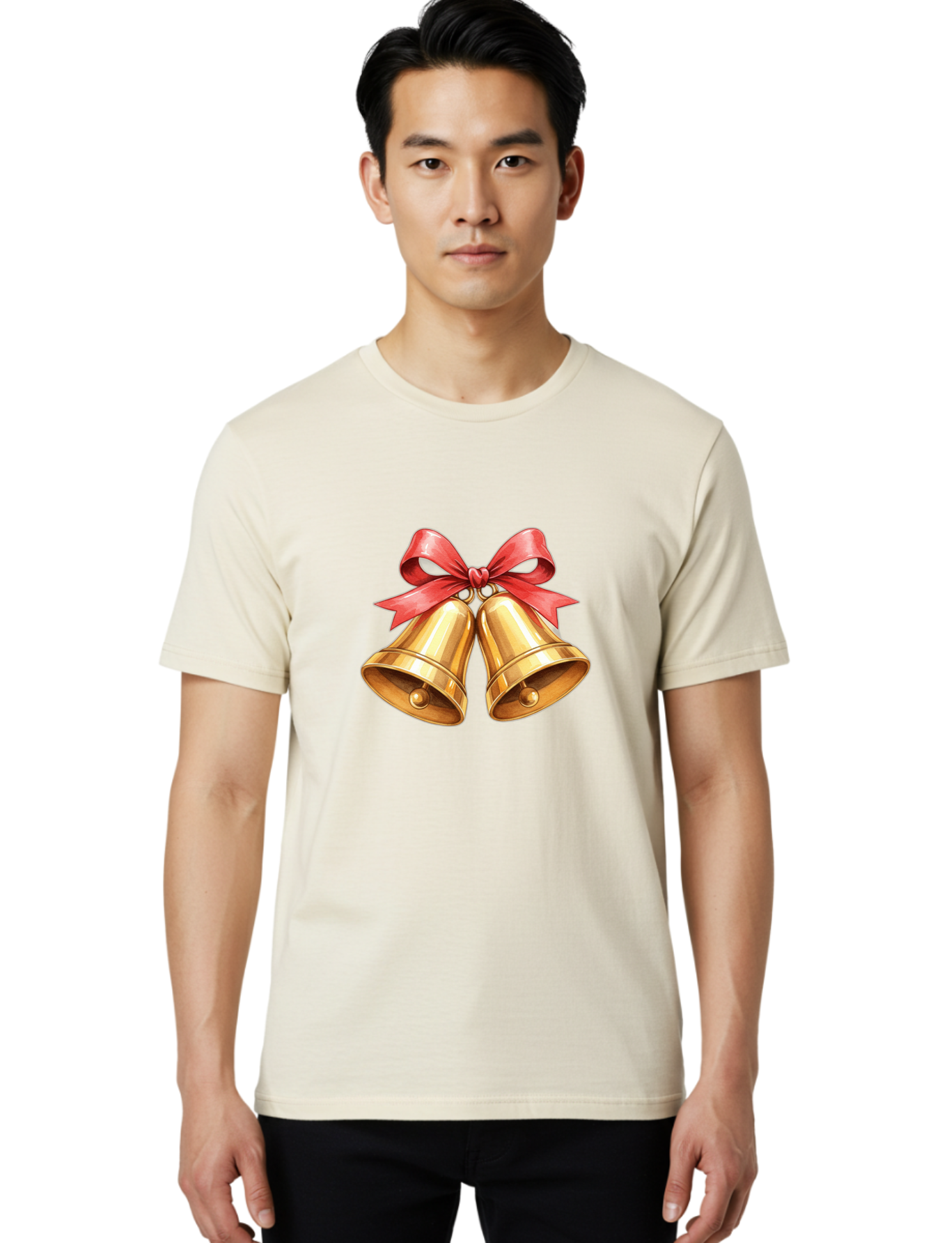 Golden-Bells-4 Men'S Graphic Tee, 100% Cotton, Comfortable Casual Summer Wear, Machine Washable, Golden Bells, Red Ribbon, Festive Decoration, Christmas Bells, Holiday Decor, Shiny Bells Baa771