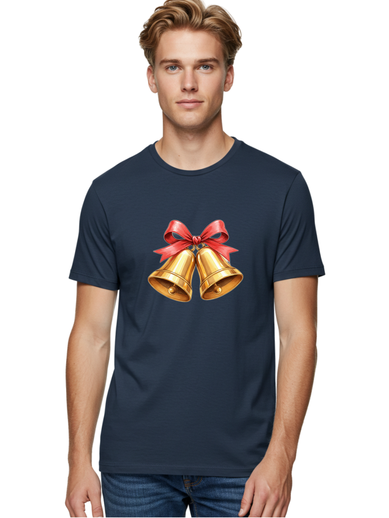 Golden-Bells-4 Men'S Graphic Tee, 100% Cotton, Comfortable Casual Summer Wear, Machine Washable, Golden Bells, Red Ribbon, Festive Decoration, Christmas Bells, Holiday Decor, Shiny Bells Baa771