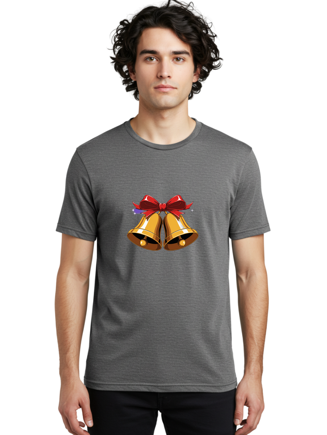 Golden-Bells-With-Red-Bow Men'S Graphic Tee, 100% Cotton, Comfortable Casual Summer Wear, Machine Washable, Golden Bells, Red Bow, Festive Decorations, Holiday Cheer, Jingling Sound, Christmas Theme, Shiny Bells, Celebratory Atmosphere, Baa772