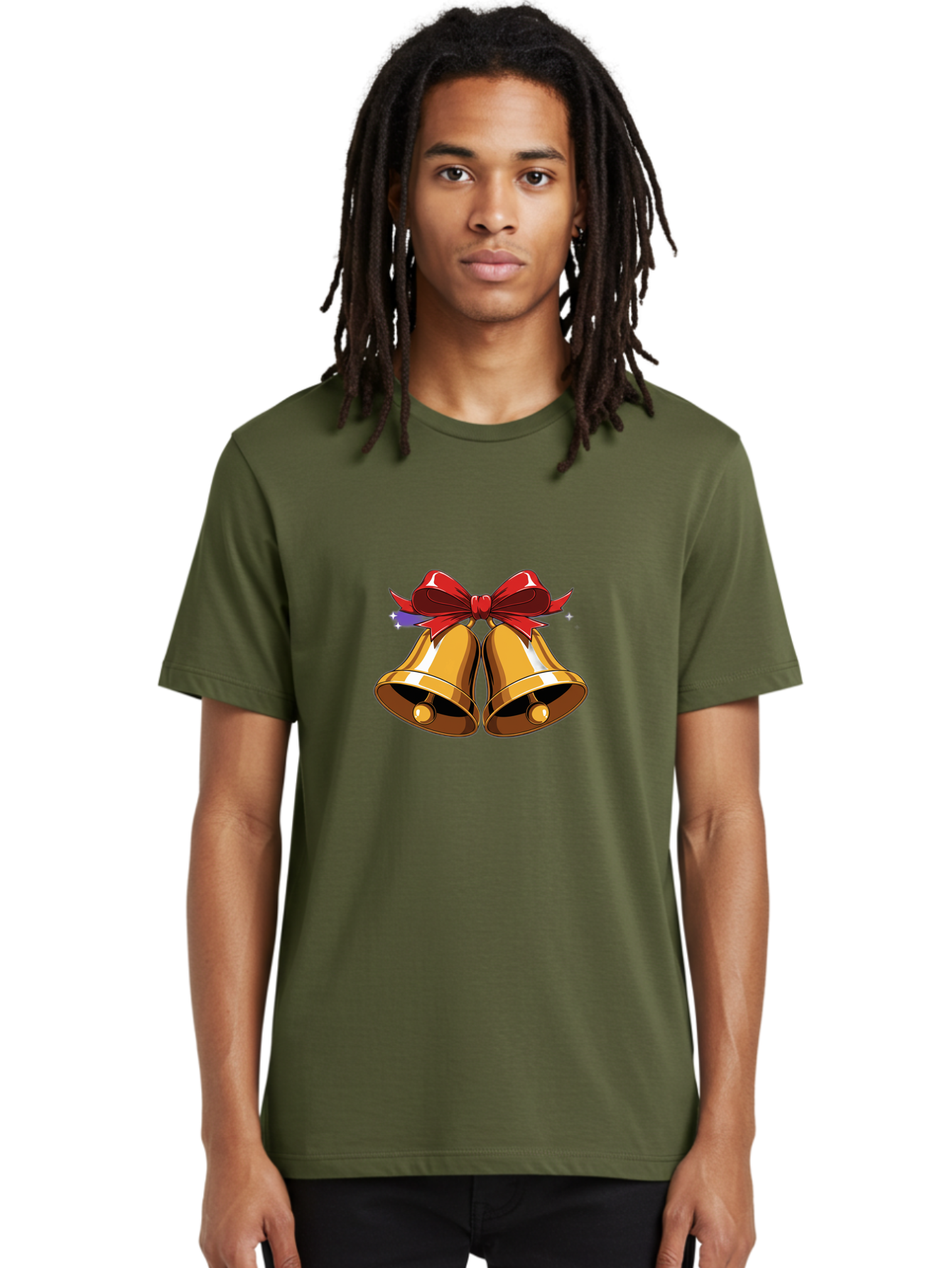 Golden-Bells-With-Red-Bow Men'S Graphic Tee, 100% Cotton, Comfortable Casual Summer Wear, Machine Washable, Golden Bells, Red Bow, Festive Decorations, Holiday Cheer, Jingling Sound, Christmas Theme, Shiny Bells, Celebratory Atmosphere, Baa772