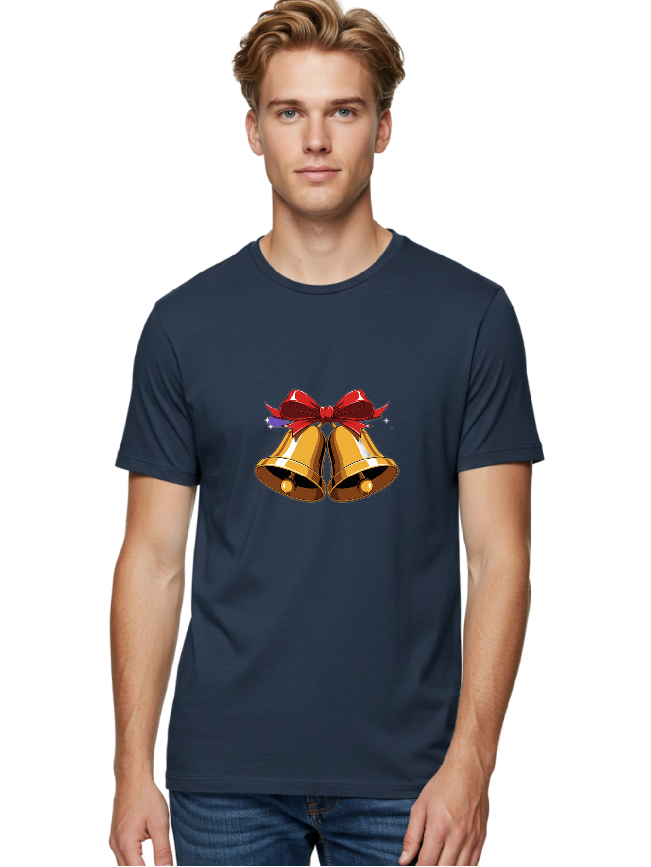 Golden-Bells-With-Red-Bow Men'S Graphic Tee, 100% Cotton, Comfortable Casual Summer Wear, Machine Washable, Golden Bells, Red Bow, Festive Decorations, Holiday Cheer, Jingling Sound, Christmas Theme, Shiny Bells, Celebratory Atmosphere, Baa772