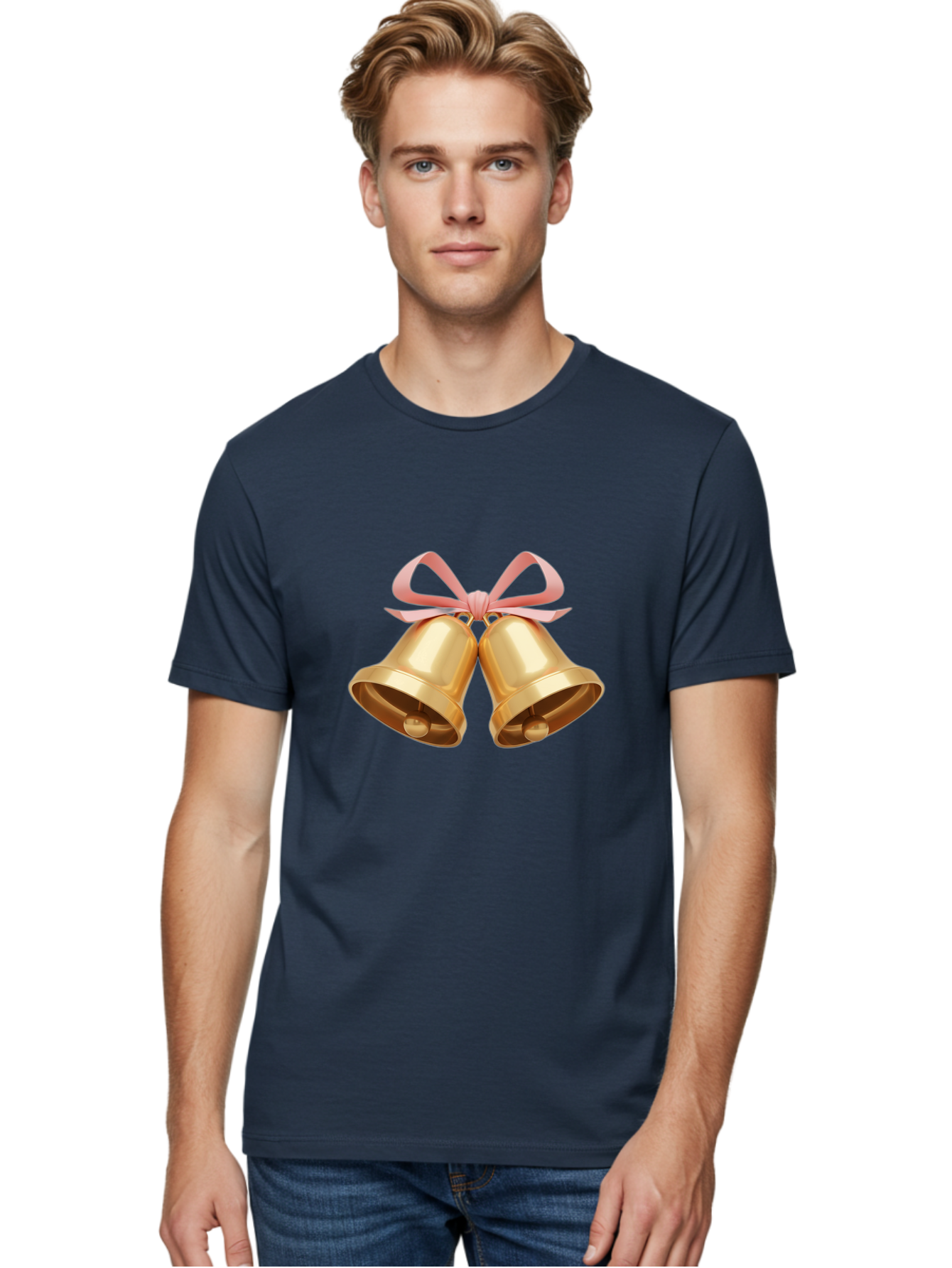 Golden-Bells Men'S Graphic Tee, 100% Cotton, Comfortable Casual Summer Wear, Machine Washable, Golden Bells, Pink Ribbon, Festive Decor, Holiday Decorations, Christmas Ornaments, Shiny Bells, Celebratory Symbols, Elegant Gift Wrapping Baa773