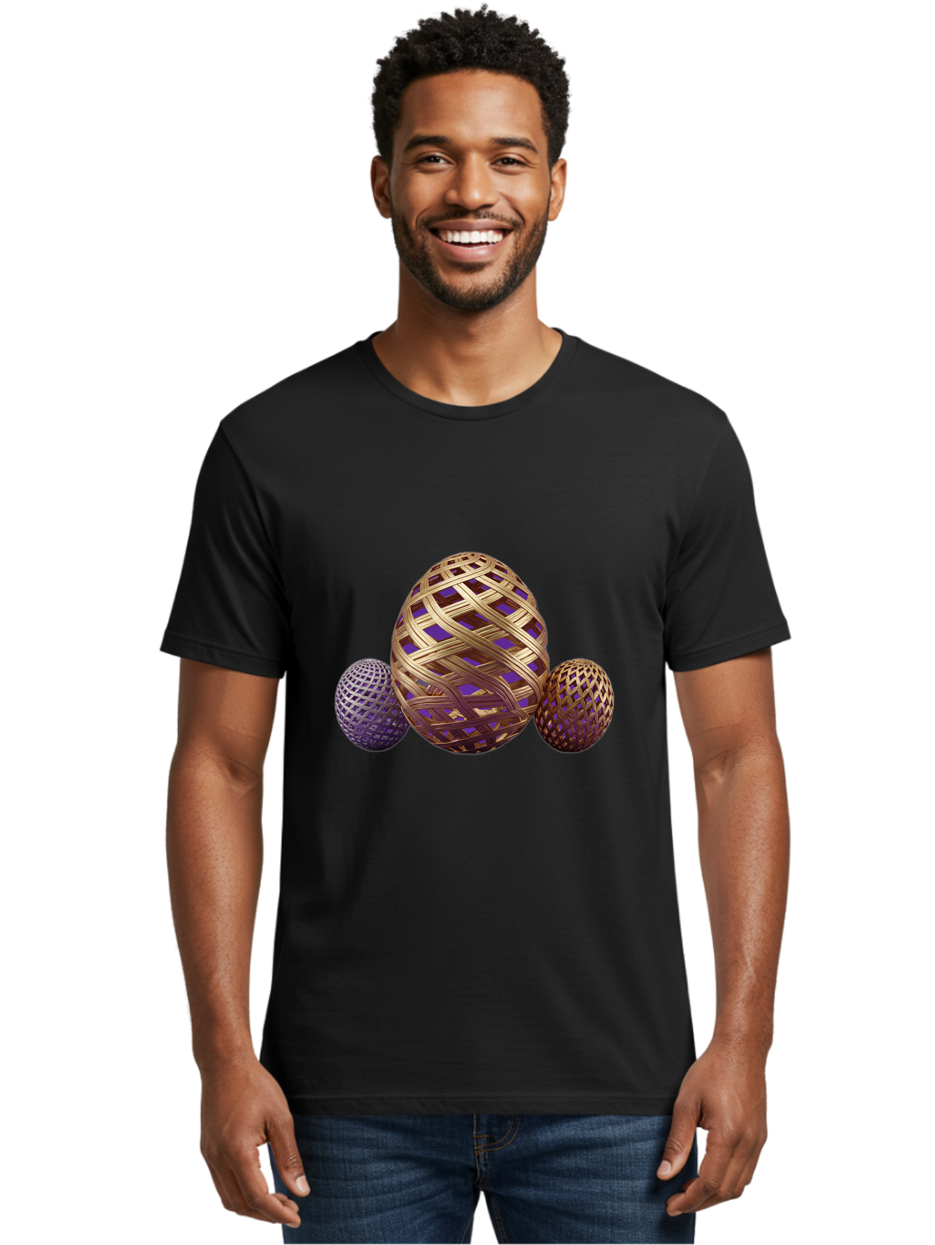 Golden-Eggs Men'S Graphic Tee, 100% Cotton, Comfortable Casual Summer Wear, Machine Washable, Lattice Eggs, Woven Eggs, Easter Eggs, Decorative Eggs, 3D Eggs, Purple And Gold, Festive Decor, Holiday Decorations, Egg Designs, Intricate Patterns Baa774