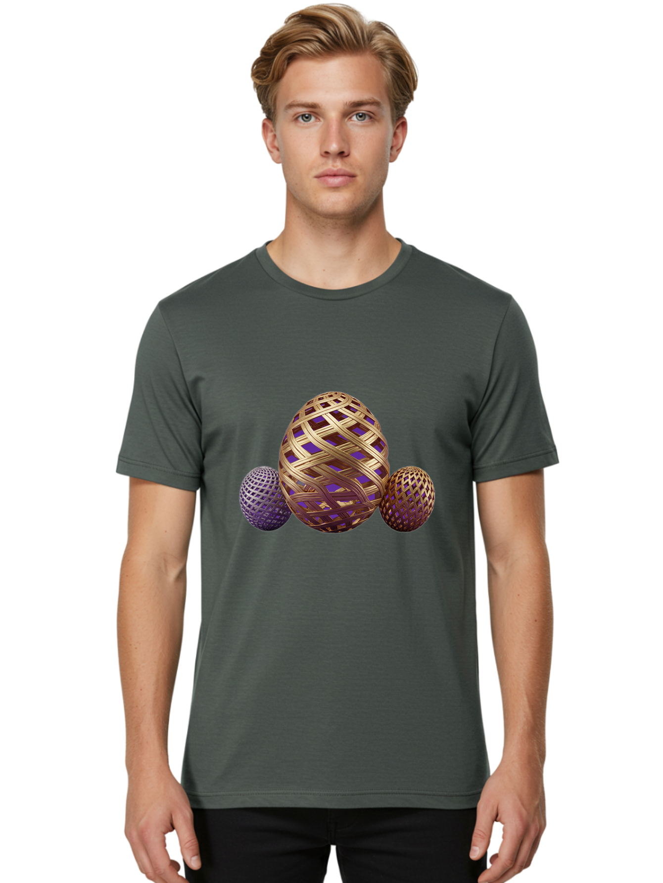Golden-Eggs Men'S Graphic Tee, 100% Cotton, Comfortable Casual Summer Wear, Machine Washable, Lattice Eggs, Woven Eggs, Easter Eggs, Decorative Eggs, 3D Eggs, Purple And Gold, Festive Decor, Holiday Decorations, Egg Designs, Intricate Patterns Baa774