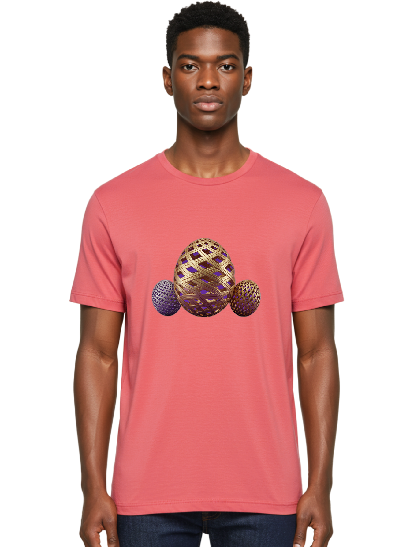 Golden-Eggs Men'S Graphic Tee, 100% Cotton, Comfortable Casual Summer Wear, Machine Washable, Lattice Eggs, Woven Eggs, Easter Eggs, Decorative Eggs, 3D Eggs, Purple And Gold, Festive Decor, Holiday Decorations, Egg Designs, Intricate Patterns Baa774