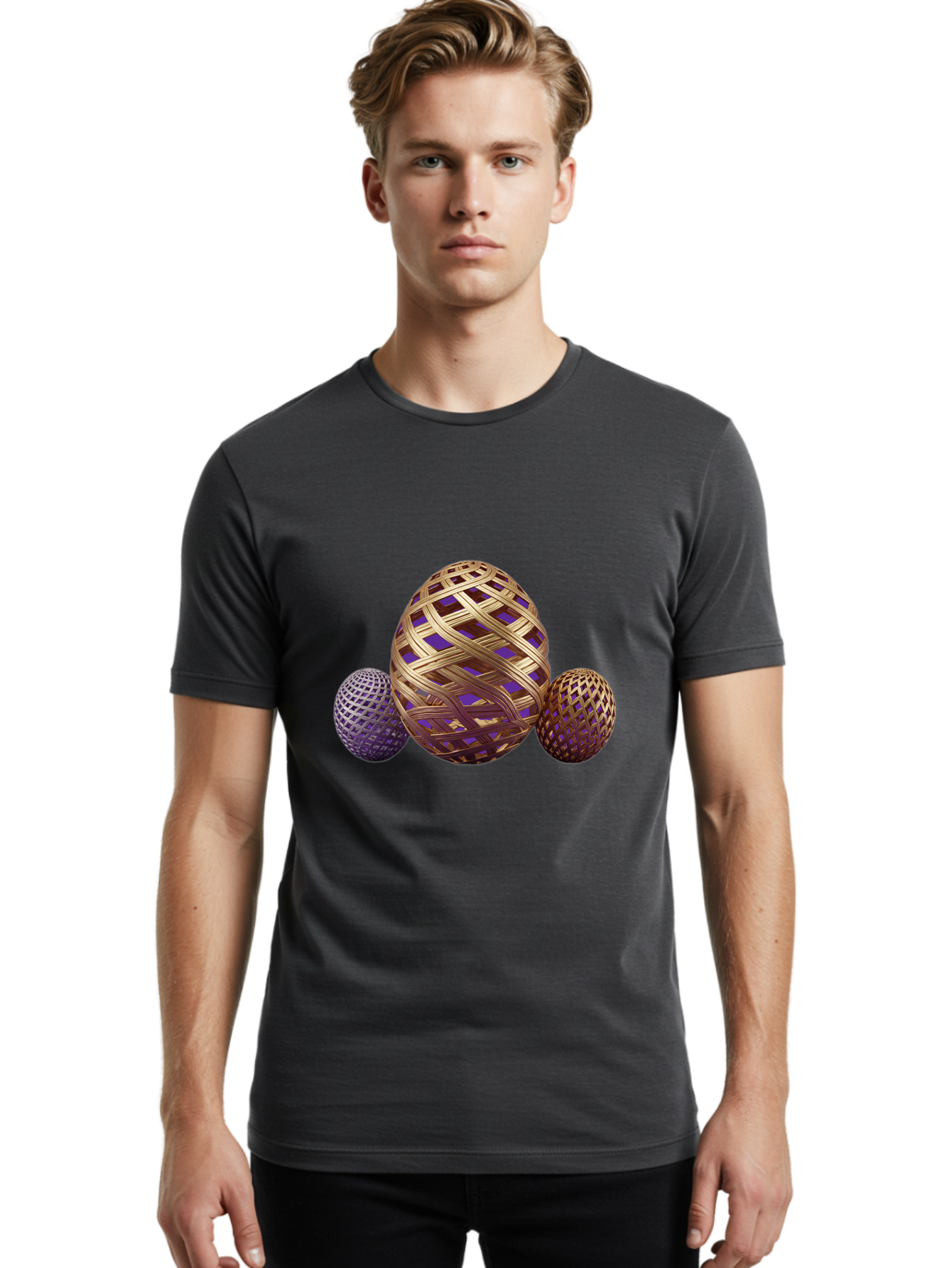 Golden-Eggs Men'S Graphic Tee, 100% Cotton, Comfortable Casual Summer Wear, Machine Washable, Lattice Eggs, Woven Eggs, Easter Eggs, Decorative Eggs, 3D Eggs, Purple And Gold, Festive Decor, Holiday Decorations, Egg Designs, Intricate Patterns Baa774