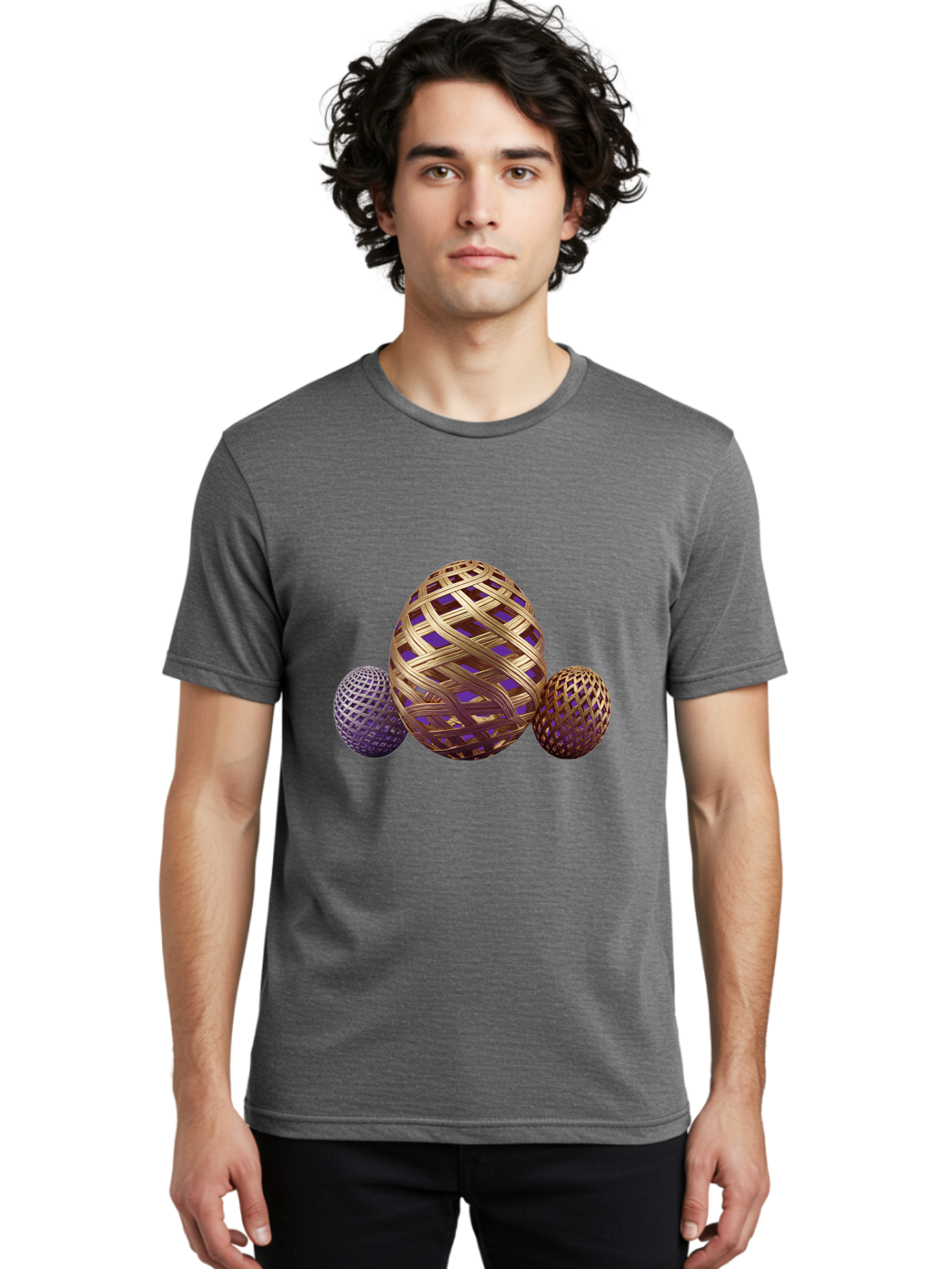 Golden-Eggs Men'S Graphic Tee, 100% Cotton, Comfortable Casual Summer Wear, Machine Washable, Lattice Eggs, Woven Eggs, Easter Eggs, Decorative Eggs, 3D Eggs, Purple And Gold, Festive Decor, Holiday Decorations, Egg Designs, Intricate Patterns Baa774