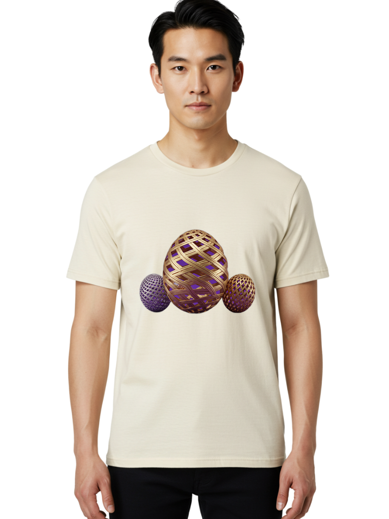 Golden-Eggs Men'S Graphic Tee, 100% Cotton, Comfortable Casual Summer Wear, Machine Washable, Lattice Eggs, Woven Eggs, Easter Eggs, Decorative Eggs, 3D Eggs, Purple And Gold, Festive Decor, Holiday Decorations, Egg Designs, Intricate Patterns Baa774