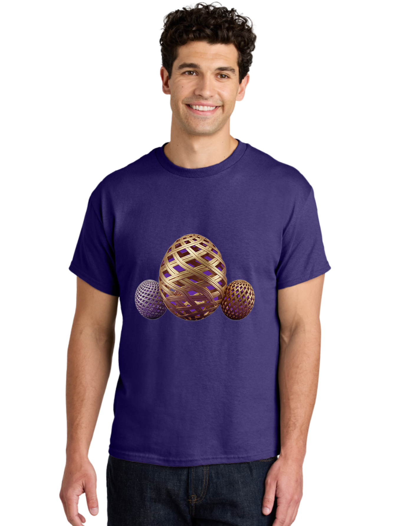 Golden-Eggs Men'S Graphic Tee, 100% Cotton, Comfortable Casual Summer Wear, Machine Washable, Lattice Eggs, Woven Eggs, Easter Eggs, Decorative Eggs, 3D Eggs, Purple And Gold, Festive Decor, Holiday Decorations, Egg Designs, Intricate Patterns Baa774