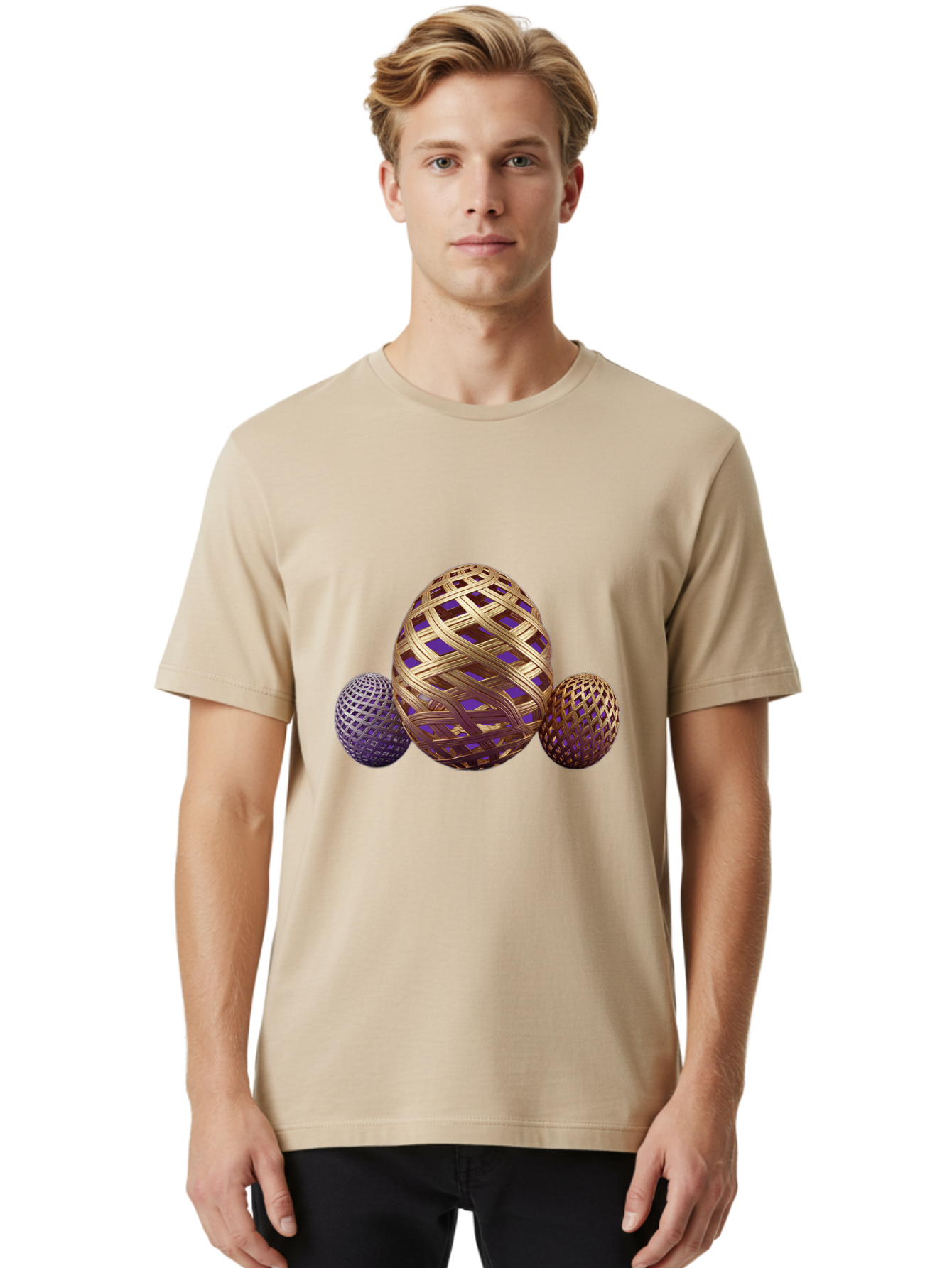 Golden-Eggs Men'S Graphic Tee, 100% Cotton, Comfortable Casual Summer Wear, Machine Washable, Lattice Eggs, Woven Eggs, Easter Eggs, Decorative Eggs, 3D Eggs, Purple And Gold, Festive Decor, Holiday Decorations, Egg Designs, Intricate Patterns Baa774