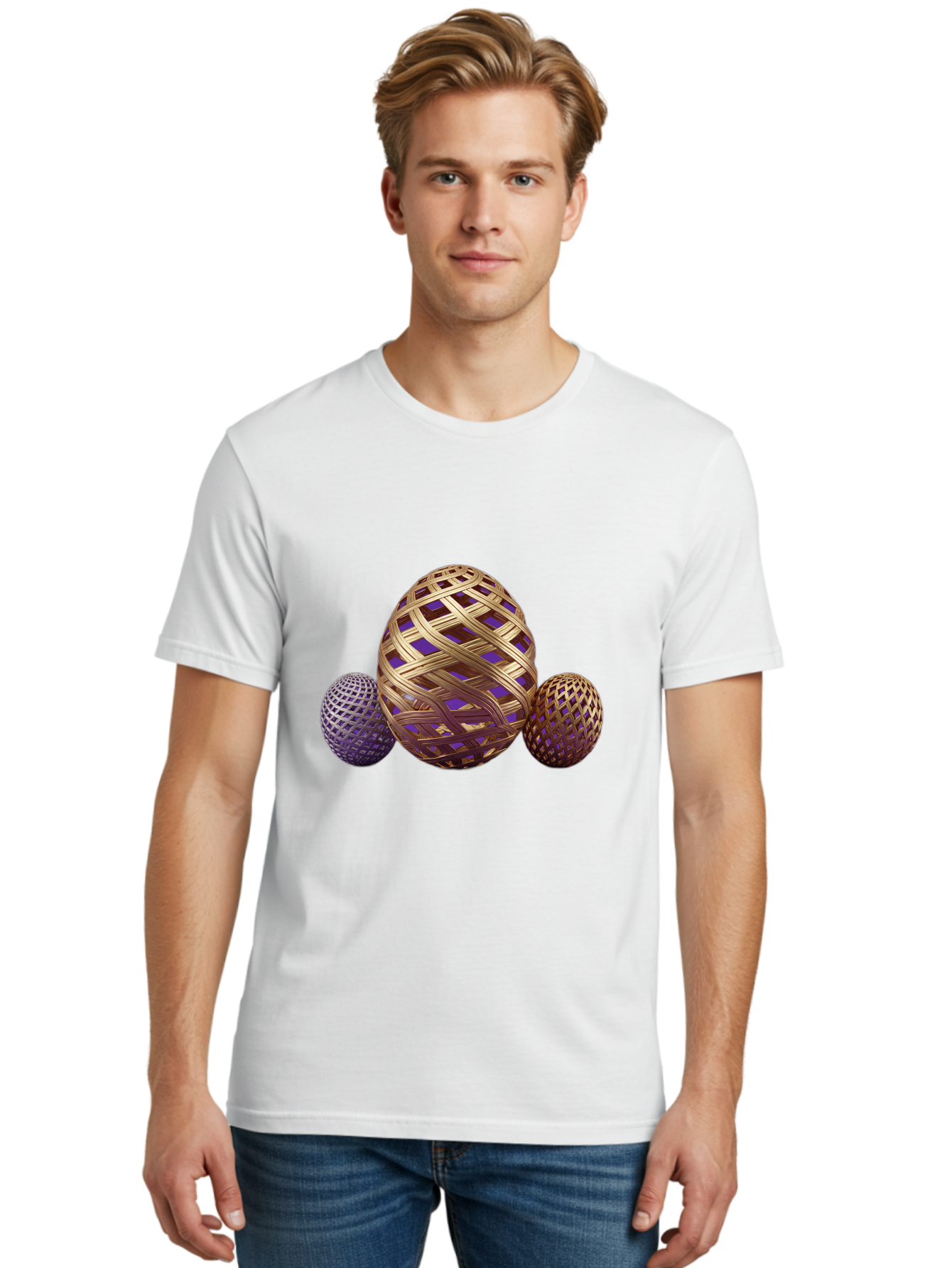 Golden-Eggs Men'S Graphic Tee, 100% Cotton, Comfortable Casual Summer Wear, Machine Washable, Lattice Eggs, Woven Eggs, Easter Eggs, Decorative Eggs, 3D Eggs, Purple And Gold, Festive Decor, Holiday Decorations, Egg Designs, Intricate Patterns Baa774