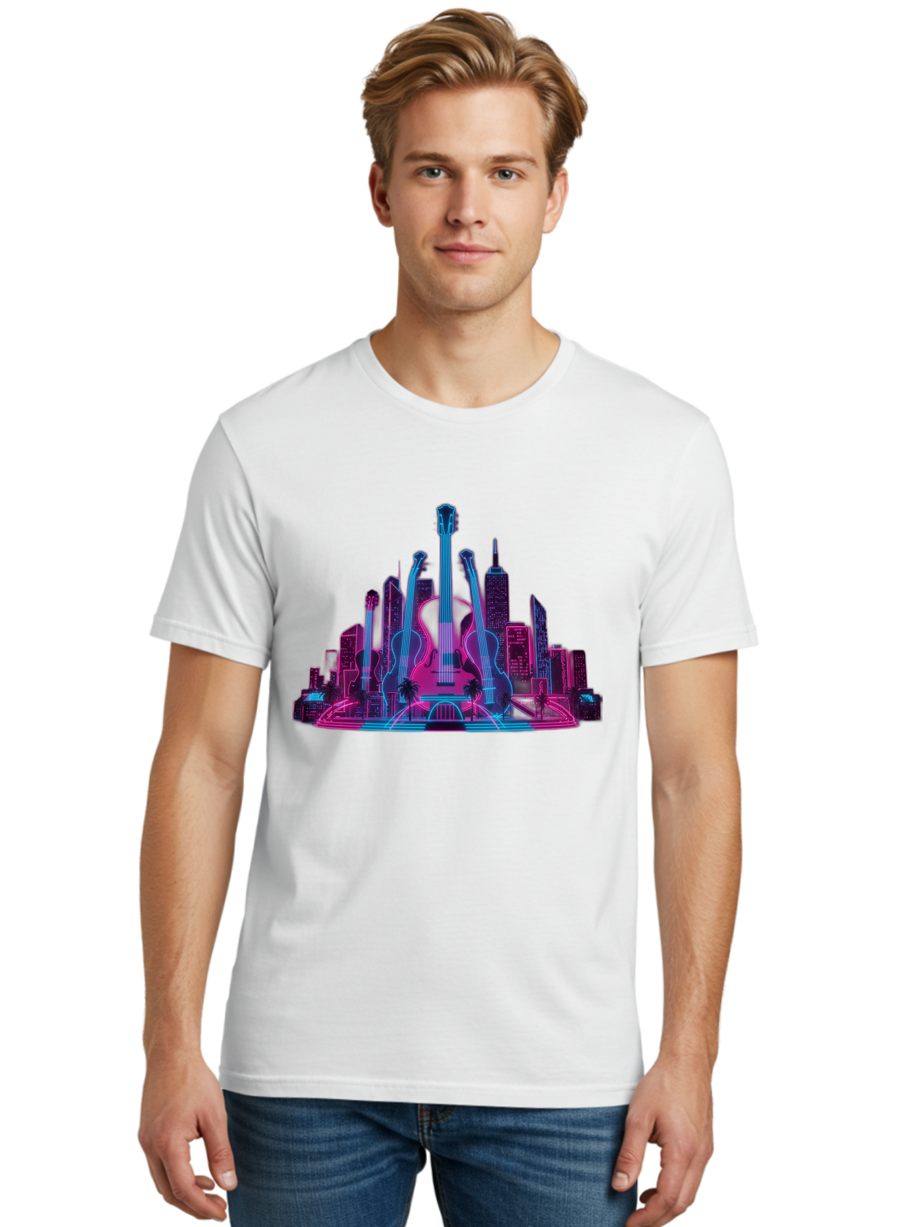 Guitars-Cityscape Men'S Graphic Tee, 100% Cotton, Comfortable Casual Summer Wear, Machine Washable, Guitars, City Skyline, Neon Lights, Futuristic Cityscape, Urban Landscape, Music Scene, Vibrant Colors, Electric Guitars Baa776