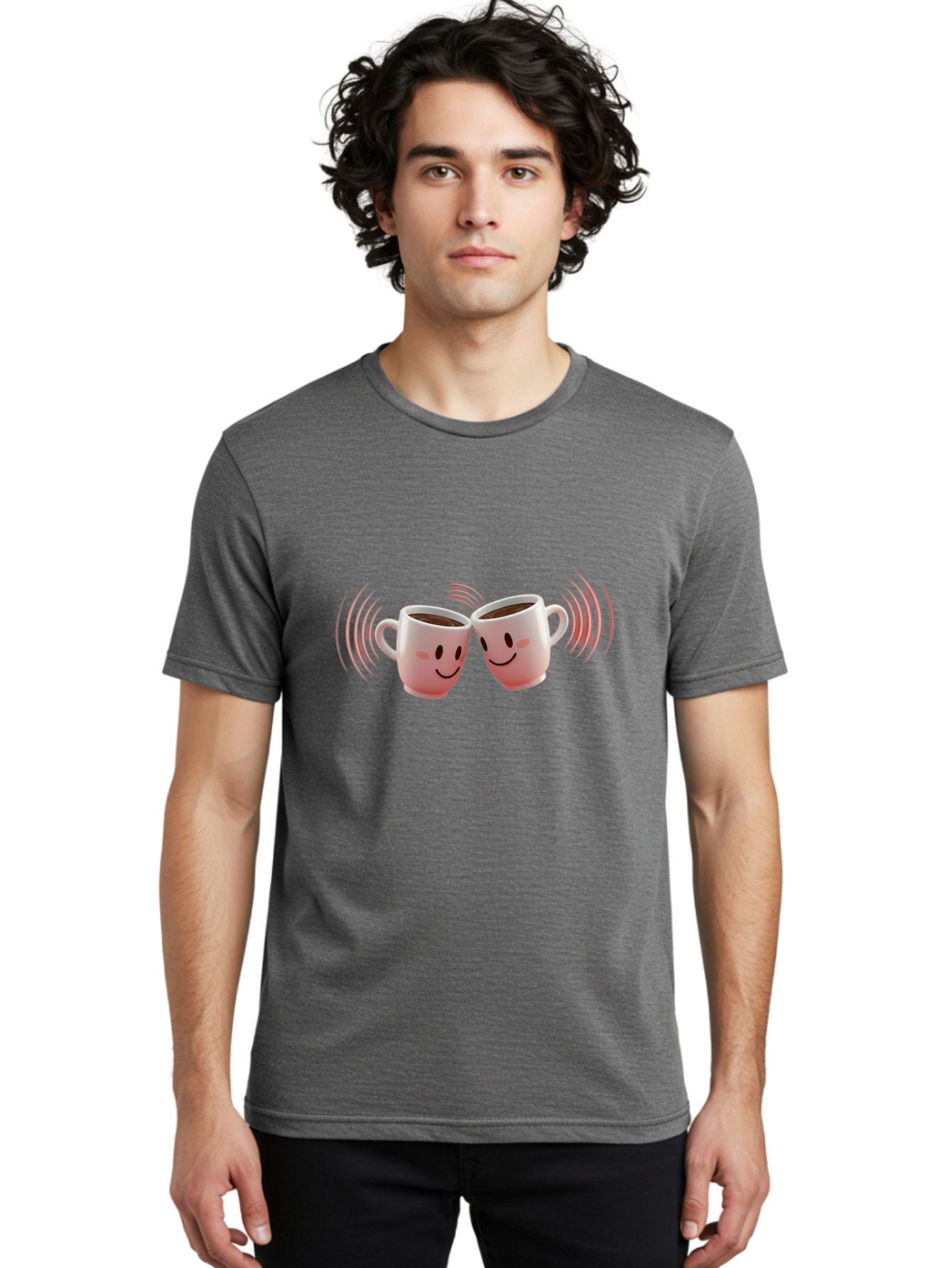 Happy-Coffee-Cups Men'S Graphic Tee, 100% Cotton, Comfortable Casual Summer Wear, Machine Washable, Clinking Coffee Cups, Smiley Faces, Coffee Break, Happy Vibes, Social Bonding, Friendship, Joyful Moment, Cute Cartoon, Coffee Lovers Baa781