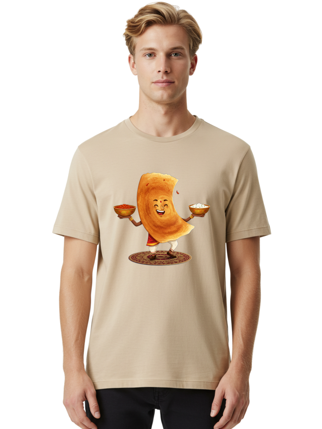 Happy-Dosa-With-Chutney Men'S Graphic Tee, 100% Cotton, Comfortable Casual Summer Wear, Machine Washable, Cartoon Roti Character, Indian Flatbread, Traditional Attire, Curry, Rice Bowls, Happy Expression, Cultural Representation, Baa783