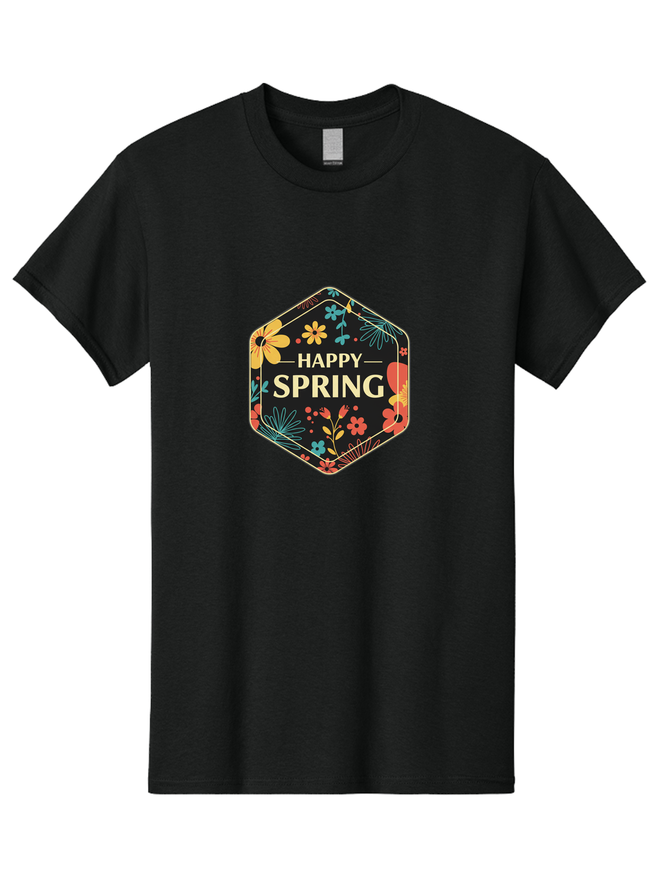 Happy-Spring Men'S Graphic Tee, 100% Cotton, Comfortable Casual Summer Wear, Machine Washable, Happy Spring, Floral Pattern, Colorful Flowers, Botanical Design, Spring Greeting, Yellow Text, Black Background, Vibrant Colors, Seasonal Theme, Baa785