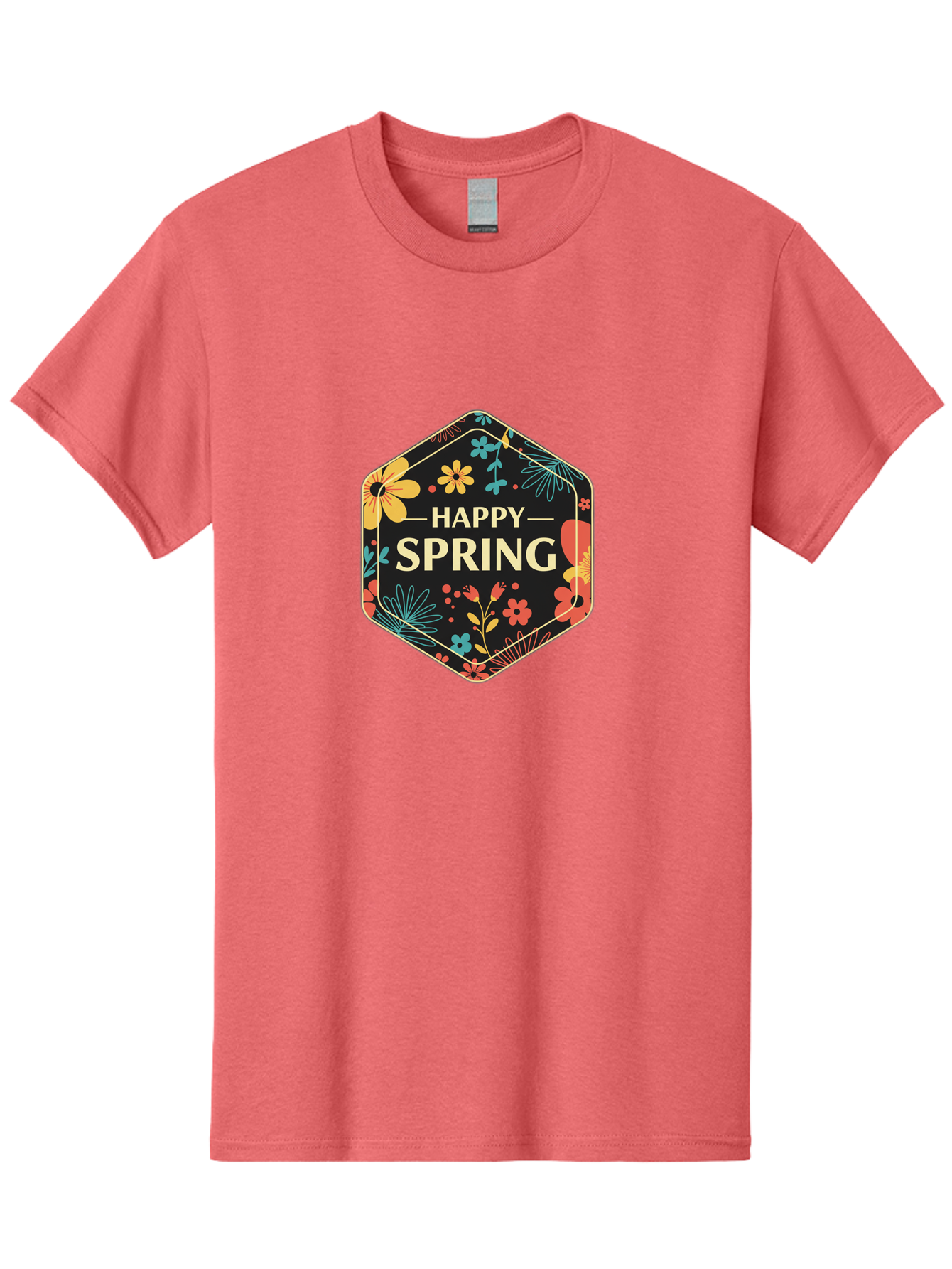 Happy-Spring Men'S Graphic Tee, 100% Cotton, Comfortable Casual Summer Wear, Machine Washable, Happy Spring, Floral Pattern, Colorful Flowers, Botanical Design, Spring Greeting, Yellow Text, Black Background, Vibrant Colors, Seasonal Theme, Baa785