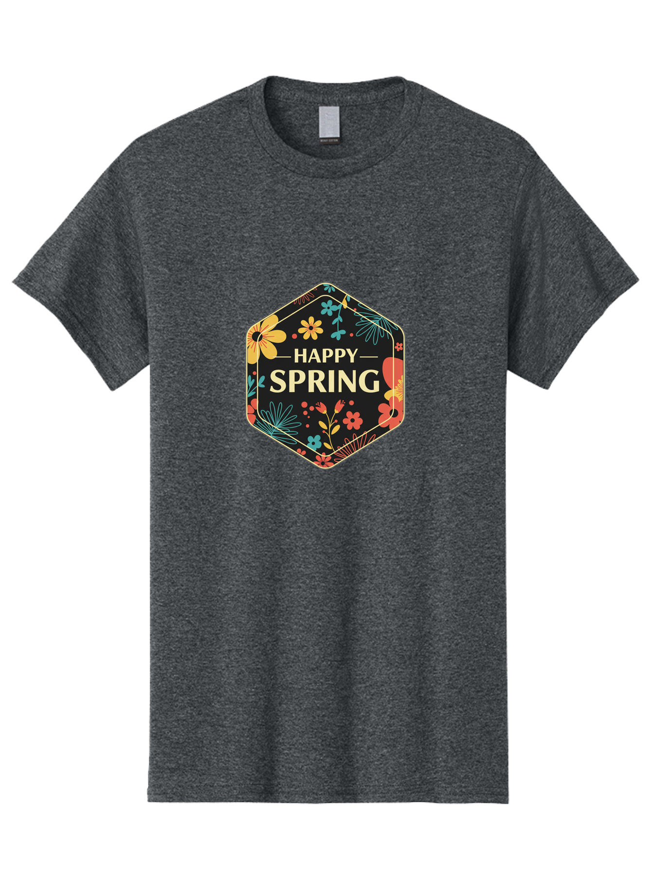 Happy-Spring Men'S Graphic Tee, 100% Cotton, Comfortable Casual Summer Wear, Machine Washable, Happy Spring, Floral Pattern, Colorful Flowers, Botanical Design, Spring Greeting, Yellow Text, Black Background, Vibrant Colors, Seasonal Theme, Baa785