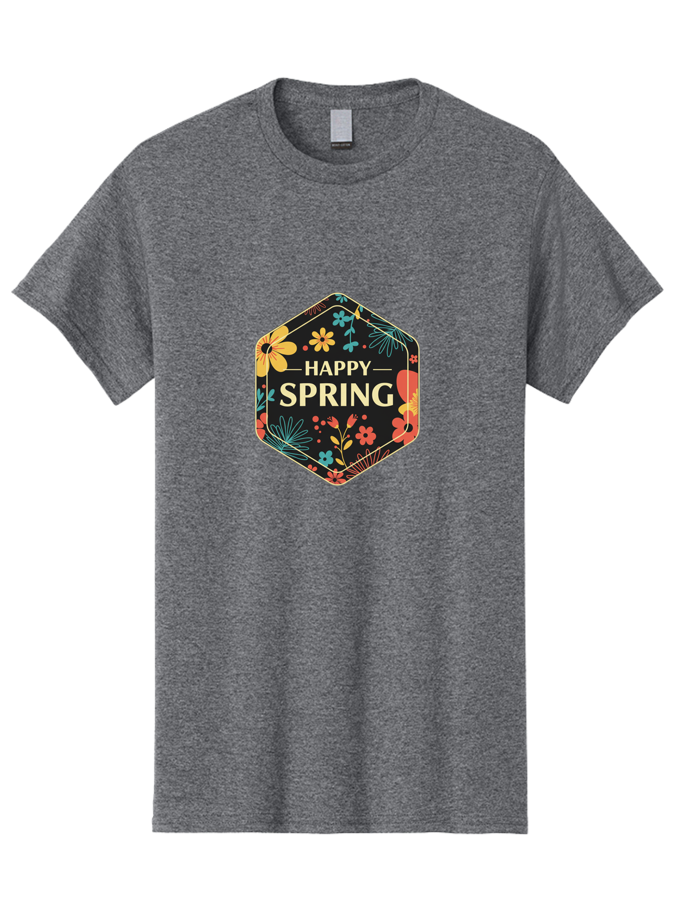 Happy-Spring Men'S Graphic Tee, 100% Cotton, Comfortable Casual Summer Wear, Machine Washable, Happy Spring, Floral Pattern, Colorful Flowers, Botanical Design, Spring Greeting, Yellow Text, Black Background, Vibrant Colors, Seasonal Theme, Baa785