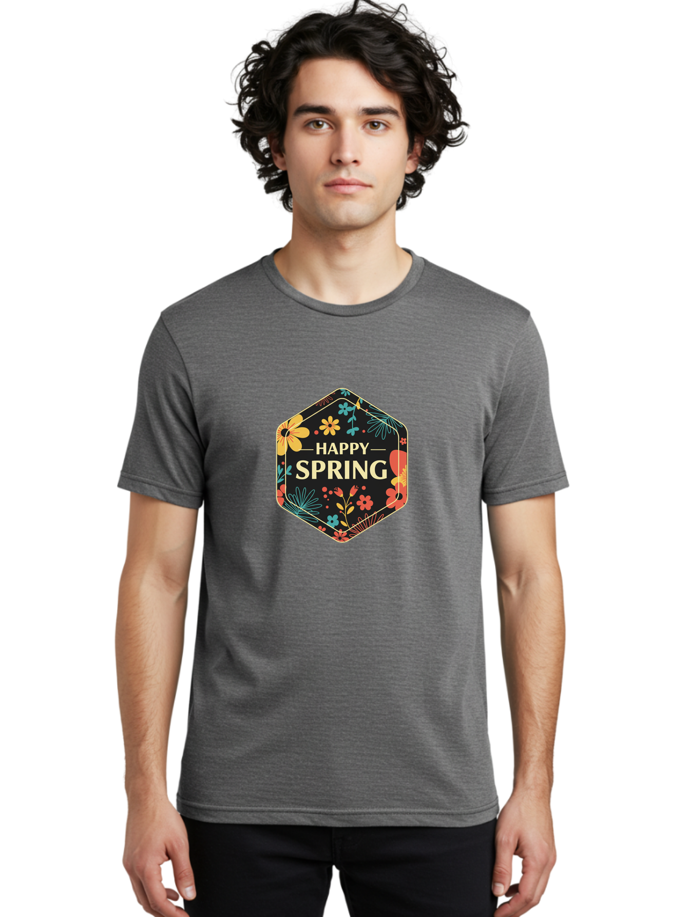 Happy-Spring Men'S Graphic Tee, 100% Cotton, Comfortable Casual Summer Wear, Machine Washable, Happy Spring, Floral Pattern, Colorful Flowers, Botanical Design, Spring Greeting, Yellow Text, Black Background, Vibrant Colors, Seasonal Theme, Baa785