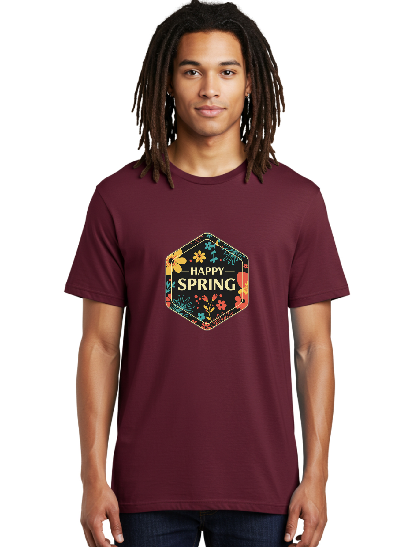 Happy-Spring Men'S Graphic Tee, 100% Cotton, Comfortable Casual Summer Wear, Machine Washable, Happy Spring, Floral Pattern, Colorful Flowers, Botanical Design, Spring Greeting, Yellow Text, Black Background, Vibrant Colors, Seasonal Theme, Baa785