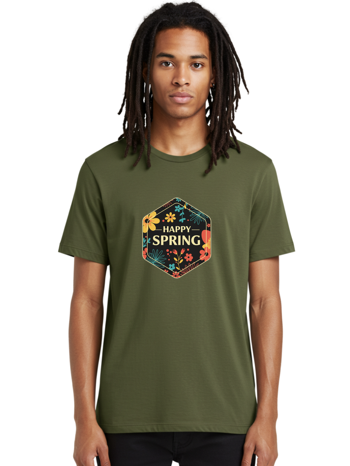 Happy-Spring Men'S Graphic Tee, 100% Cotton, Comfortable Casual Summer Wear, Machine Washable, Happy Spring, Floral Pattern, Colorful Flowers, Botanical Design, Spring Greeting, Yellow Text, Black Background, Vibrant Colors, Seasonal Theme, Baa785