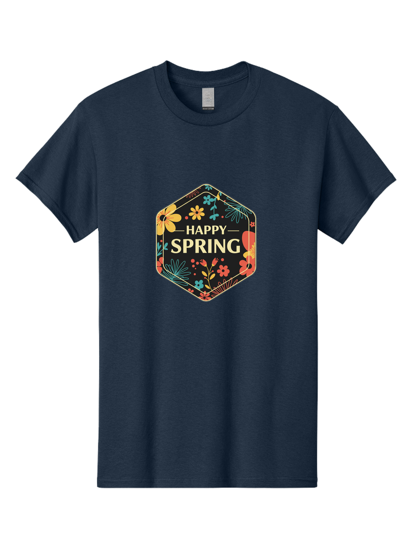Happy-Spring Men'S Graphic Tee, 100% Cotton, Comfortable Casual Summer Wear, Machine Washable, Happy Spring, Floral Pattern, Colorful Flowers, Botanical Design, Spring Greeting, Yellow Text, Black Background, Vibrant Colors, Seasonal Theme, Baa785