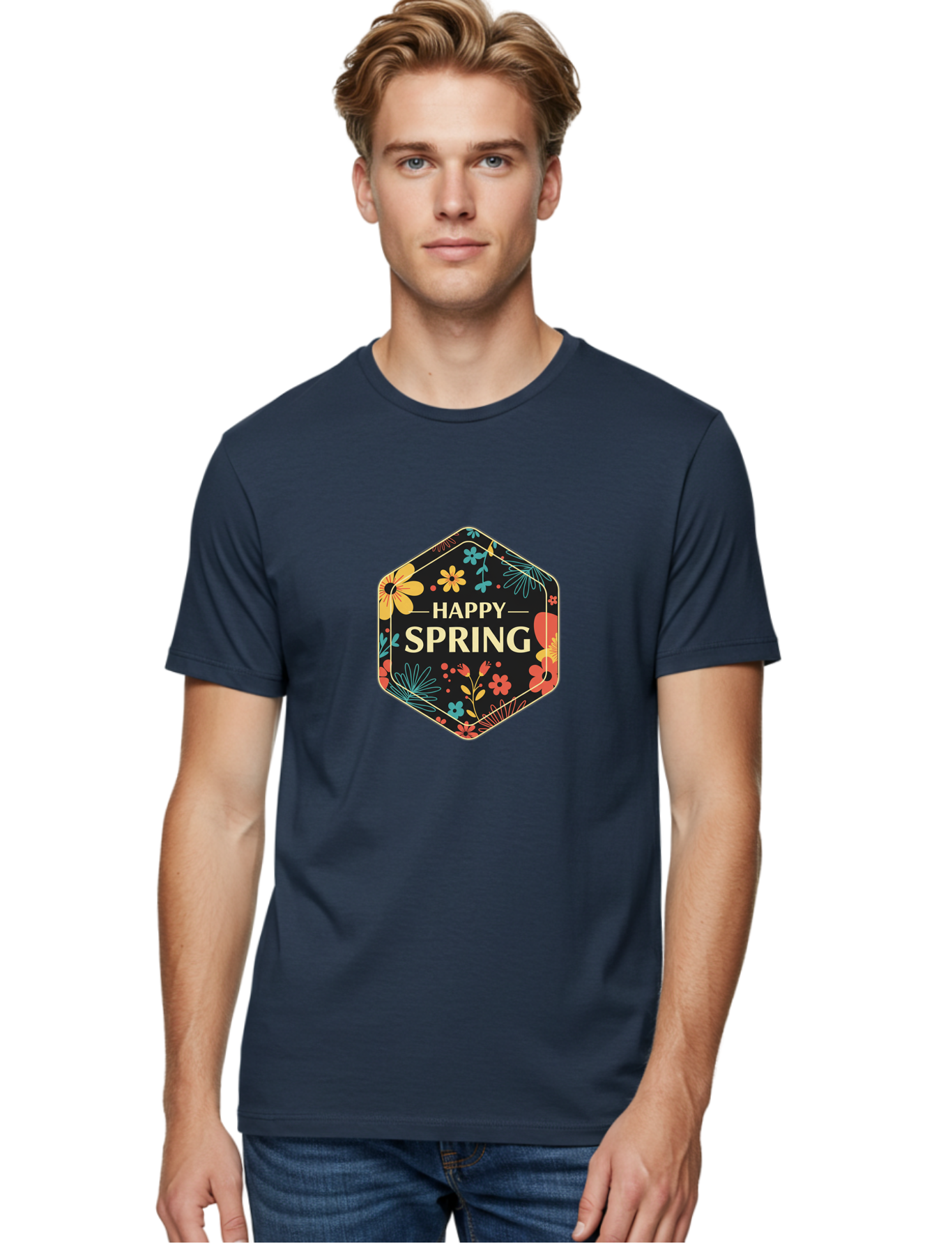 Happy-Spring Men'S Graphic Tee, 100% Cotton, Comfortable Casual Summer Wear, Machine Washable, Happy Spring, Floral Pattern, Colorful Flowers, Botanical Design, Spring Greeting, Yellow Text, Black Background, Vibrant Colors, Seasonal Theme, Baa785