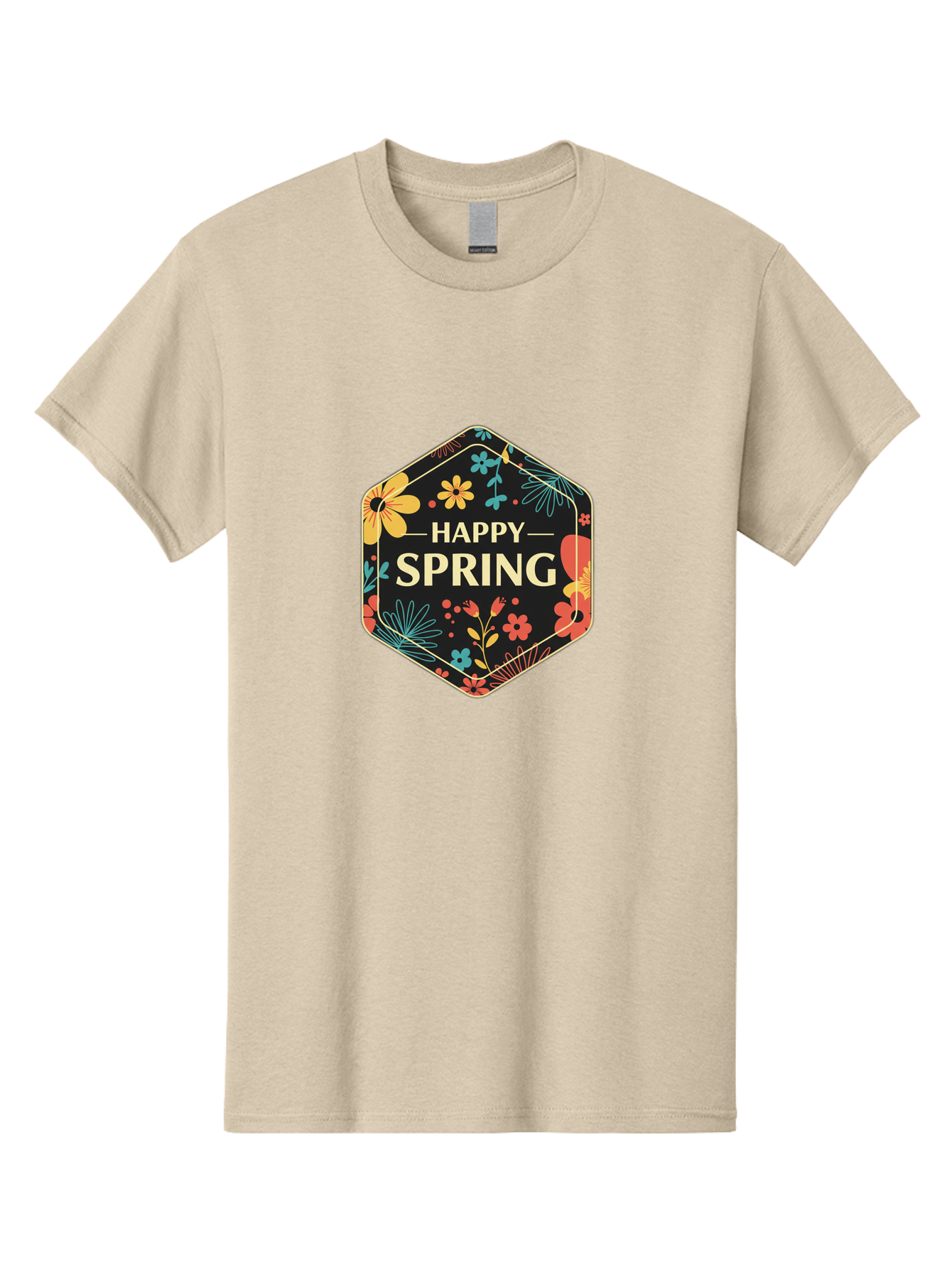 Happy-Spring Men'S Graphic Tee, 100% Cotton, Comfortable Casual Summer Wear, Machine Washable, Happy Spring, Floral Pattern, Colorful Flowers, Botanical Design, Spring Greeting, Yellow Text, Black Background, Vibrant Colors, Seasonal Theme, Baa785