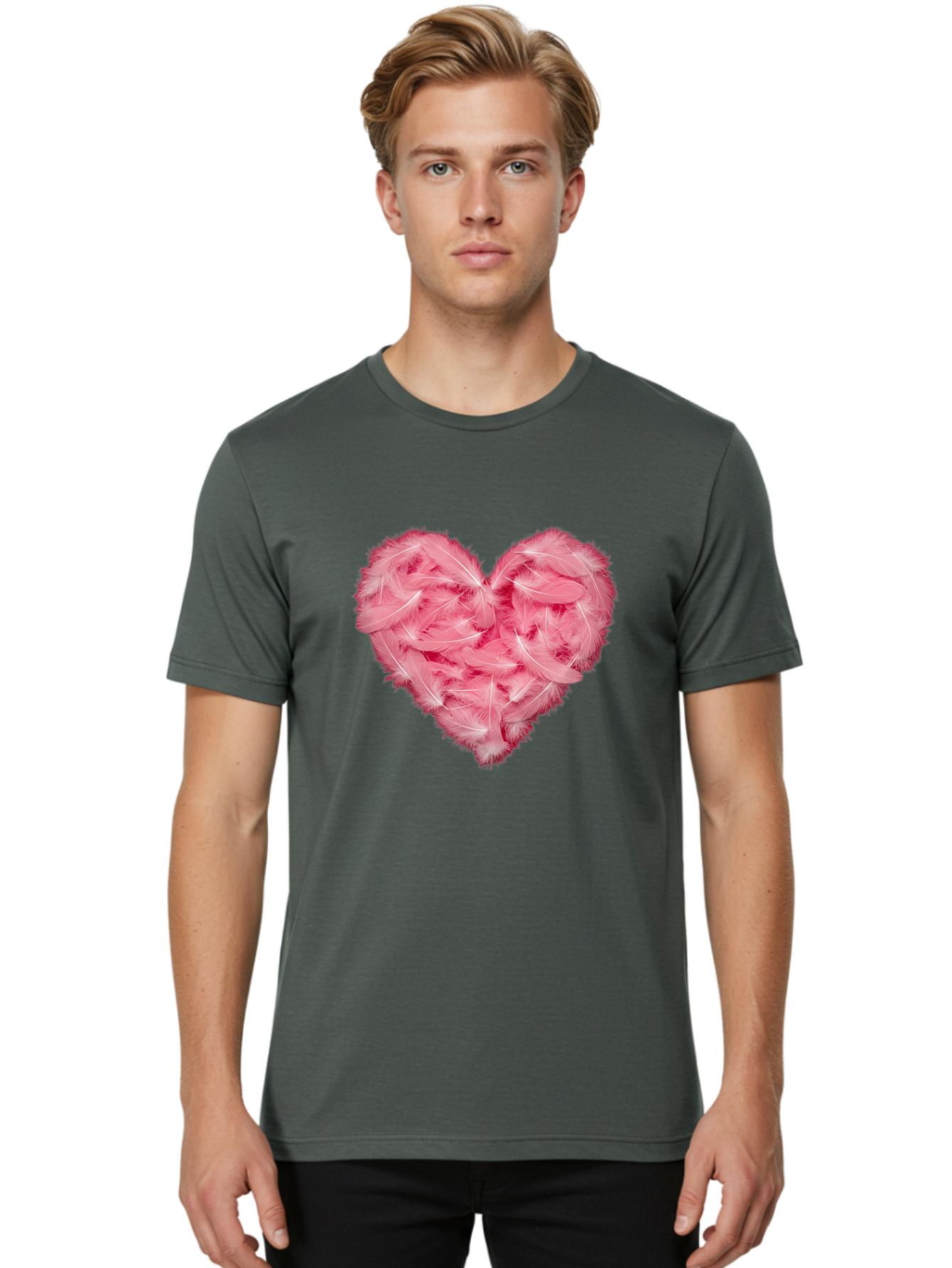 Heart-Of-Feathers Men'S Graphic Tee, 100% Cotton, Comfortable Casual Summer Wear, Machine Washable, Pink Feather Heart, Love Symbol, Soft Texture, Delicate Feathers, Romantic Gesture, Tender Heart, Loving Feeling Baa787
