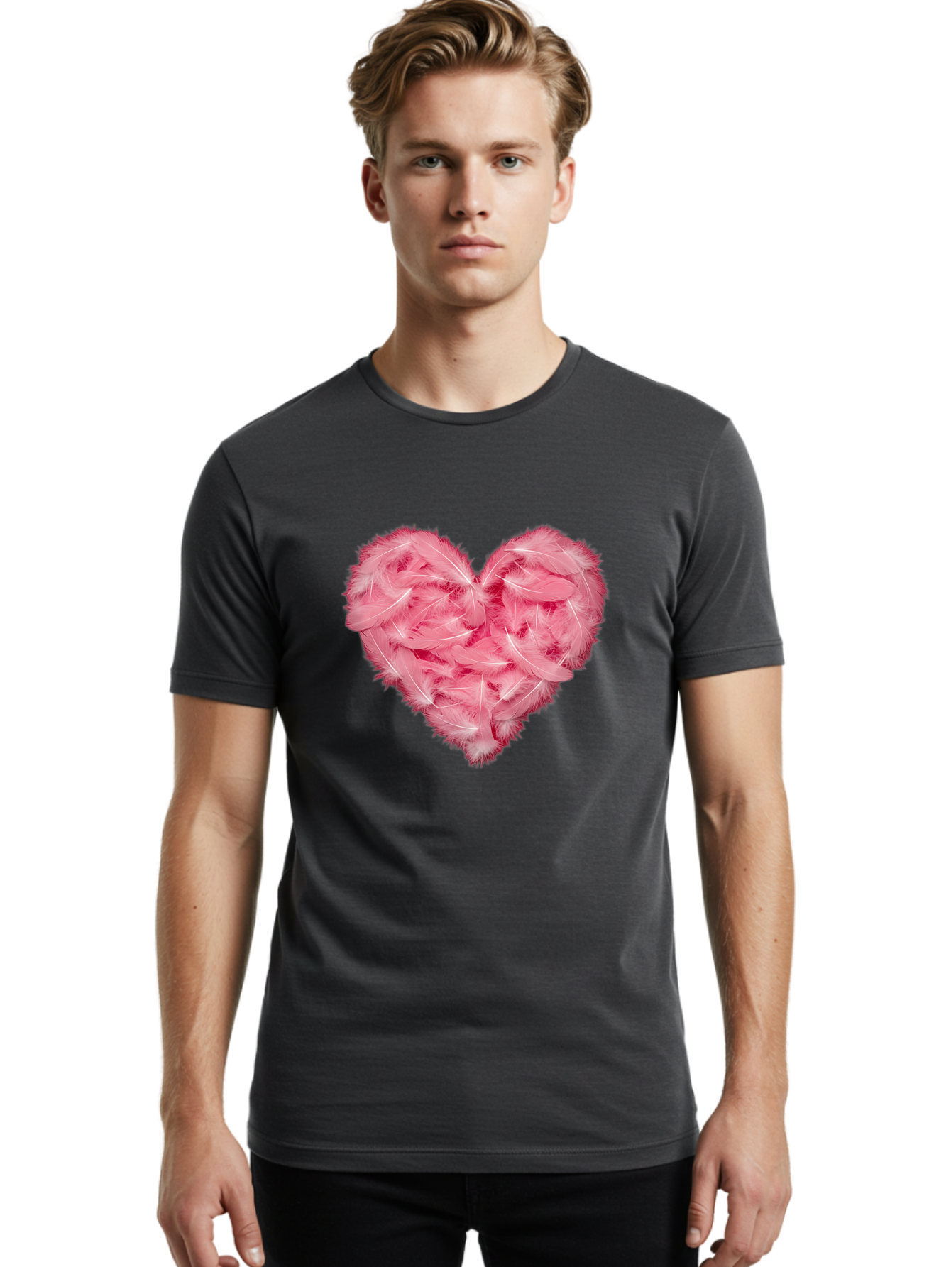 Heart-Of-Feathers Men'S Graphic Tee, 100% Cotton, Comfortable Casual Summer Wear, Machine Washable, Pink Feather Heart, Love Symbol, Soft Texture, Delicate Feathers, Romantic Gesture, Tender Heart, Loving Feeling Baa787
