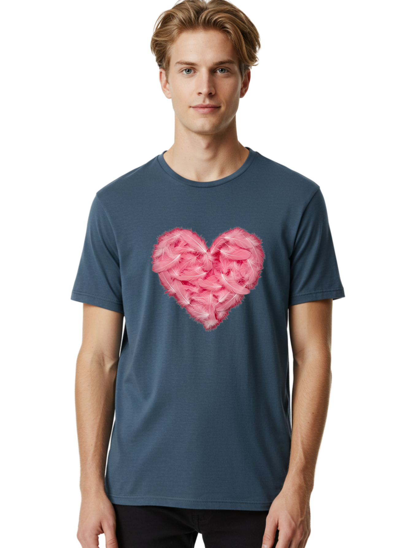 Heart-Of-Feathers Men'S Graphic Tee, 100% Cotton, Comfortable Casual Summer Wear, Machine Washable, Pink Feather Heart, Love Symbol, Soft Texture, Delicate Feathers, Romantic Gesture, Tender Heart, Loving Feeling Baa787