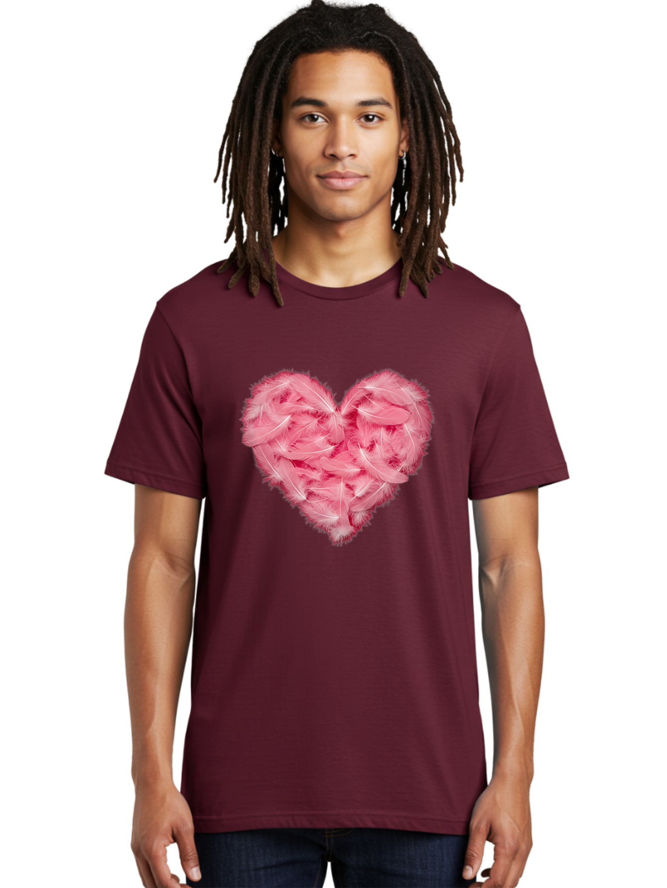 Heart-Of-Feathers Men'S Graphic Tee, 100% Cotton, Comfortable Casual Summer Wear, Machine Washable, Pink Feather Heart, Love Symbol, Soft Texture, Delicate Feathers, Romantic Gesture, Tender Heart, Loving Feeling Baa787