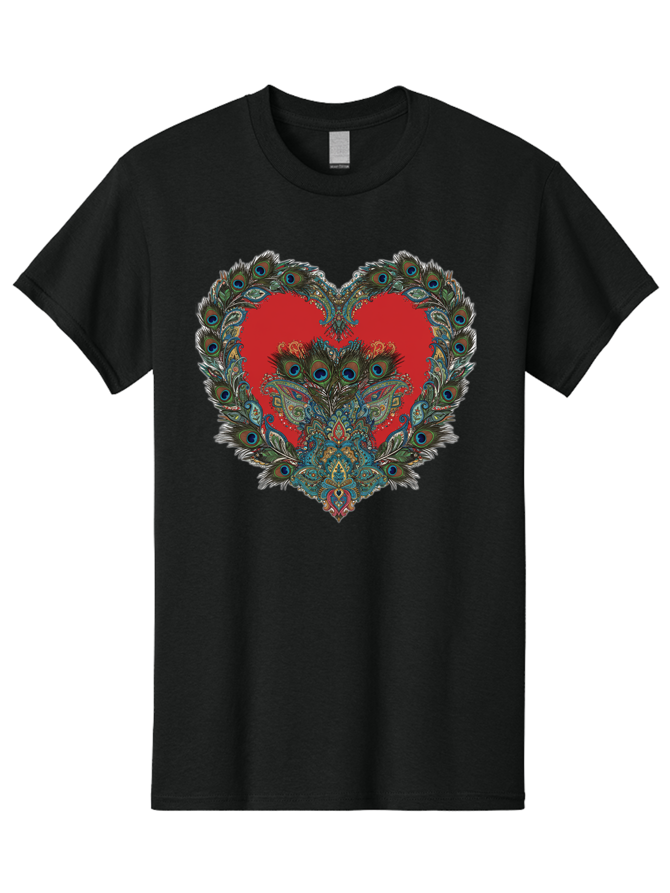 Heart-Peacock Men'S Graphic Tee, 100% Cotton, Comfortable Casual Summer Wear, Machine Washable, Heart Shape, Peacock Feathers, Red Heart, Blue Eyes, Colorful Design, Intricate Patterns, Symbolic Heart, Vibrant Colors, Emotional Expression, Baa788