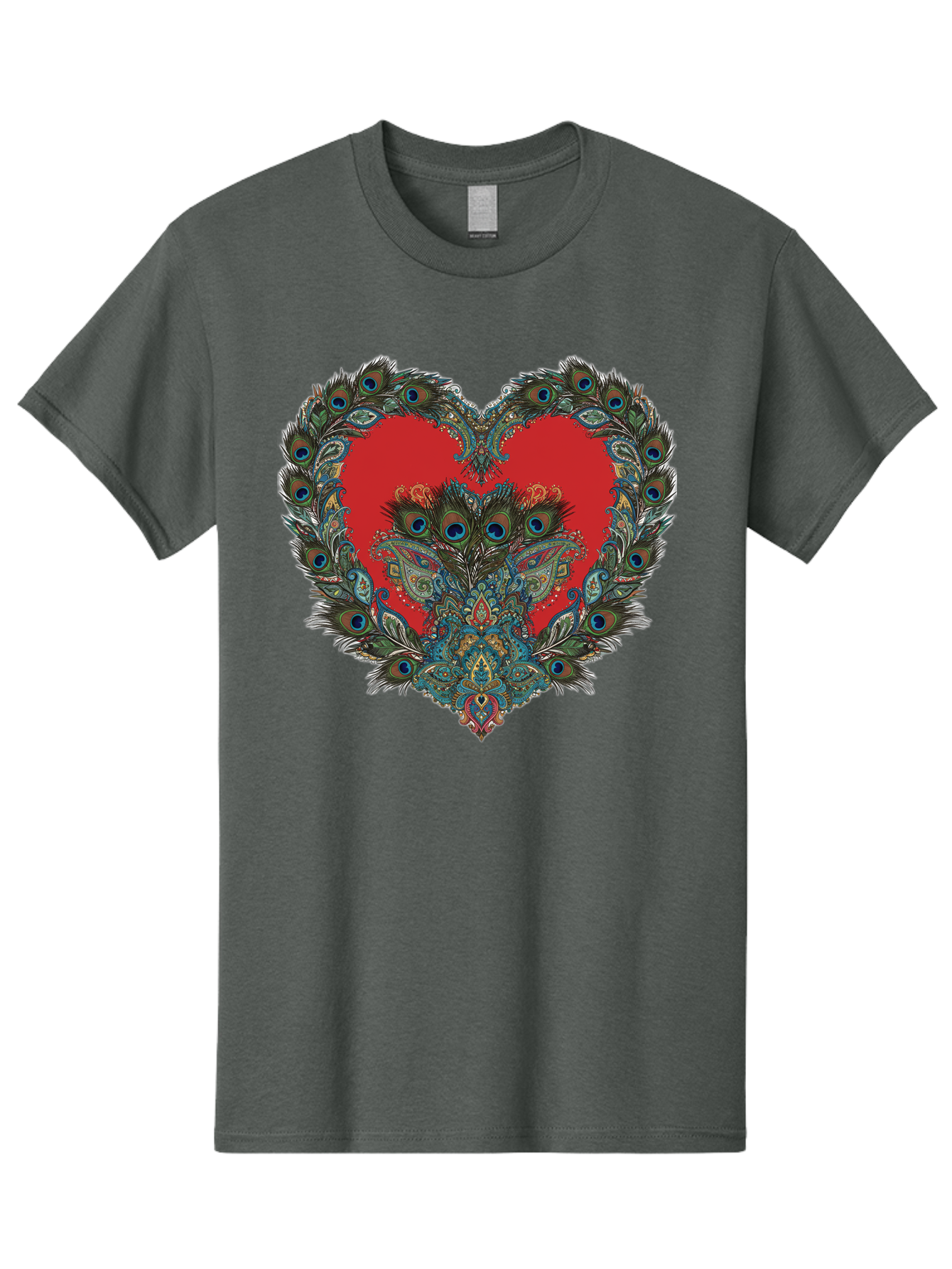 Heart-Peacock Men'S Graphic Tee, 100% Cotton, Comfortable Casual Summer Wear, Machine Washable, Heart Shape, Peacock Feathers, Red Heart, Blue Eyes, Colorful Design, Intricate Patterns, Symbolic Heart, Vibrant Colors, Emotional Expression, Baa788