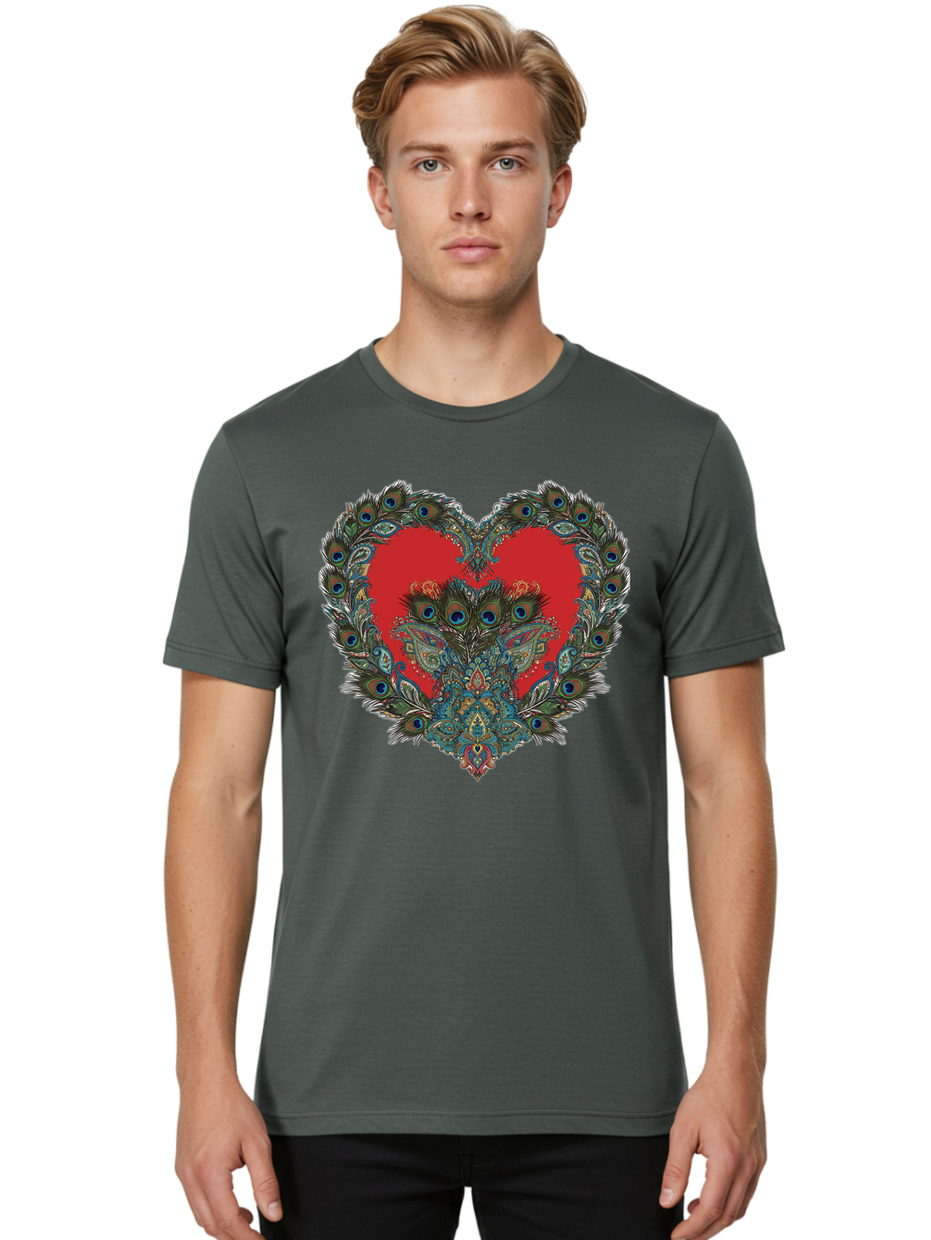 Heart-Peacock Men'S Graphic Tee, 100% Cotton, Comfortable Casual Summer Wear, Machine Washable, Heart Shape, Peacock Feathers, Red Heart, Blue Eyes, Colorful Design, Intricate Patterns, Symbolic Heart, Vibrant Colors, Emotional Expression, Baa788