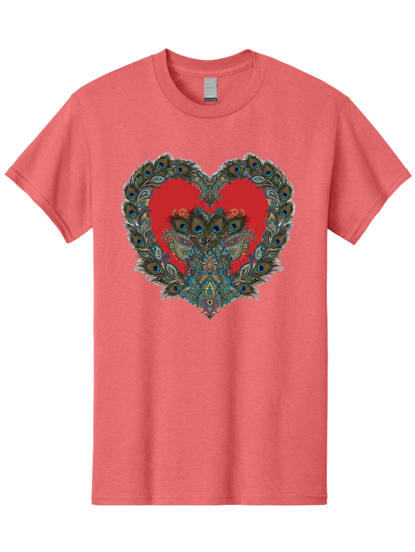 Heart-Peacock Men'S Graphic Tee, 100% Cotton, Comfortable Casual Summer Wear, Machine Washable, Heart Shape, Peacock Feathers, Red Heart, Blue Eyes, Colorful Design, Intricate Patterns, Symbolic Heart, Vibrant Colors, Emotional Expression, Baa788