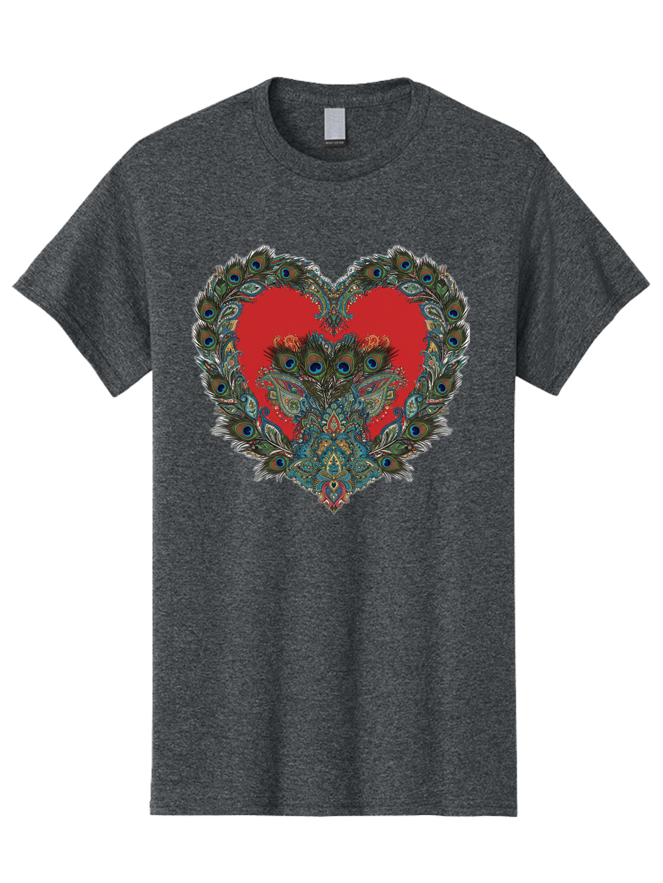 Heart-Peacock Men'S Graphic Tee, 100% Cotton, Comfortable Casual Summer Wear, Machine Washable, Heart Shape, Peacock Feathers, Red Heart, Blue Eyes, Colorful Design, Intricate Patterns, Symbolic Heart, Vibrant Colors, Emotional Expression, Baa788