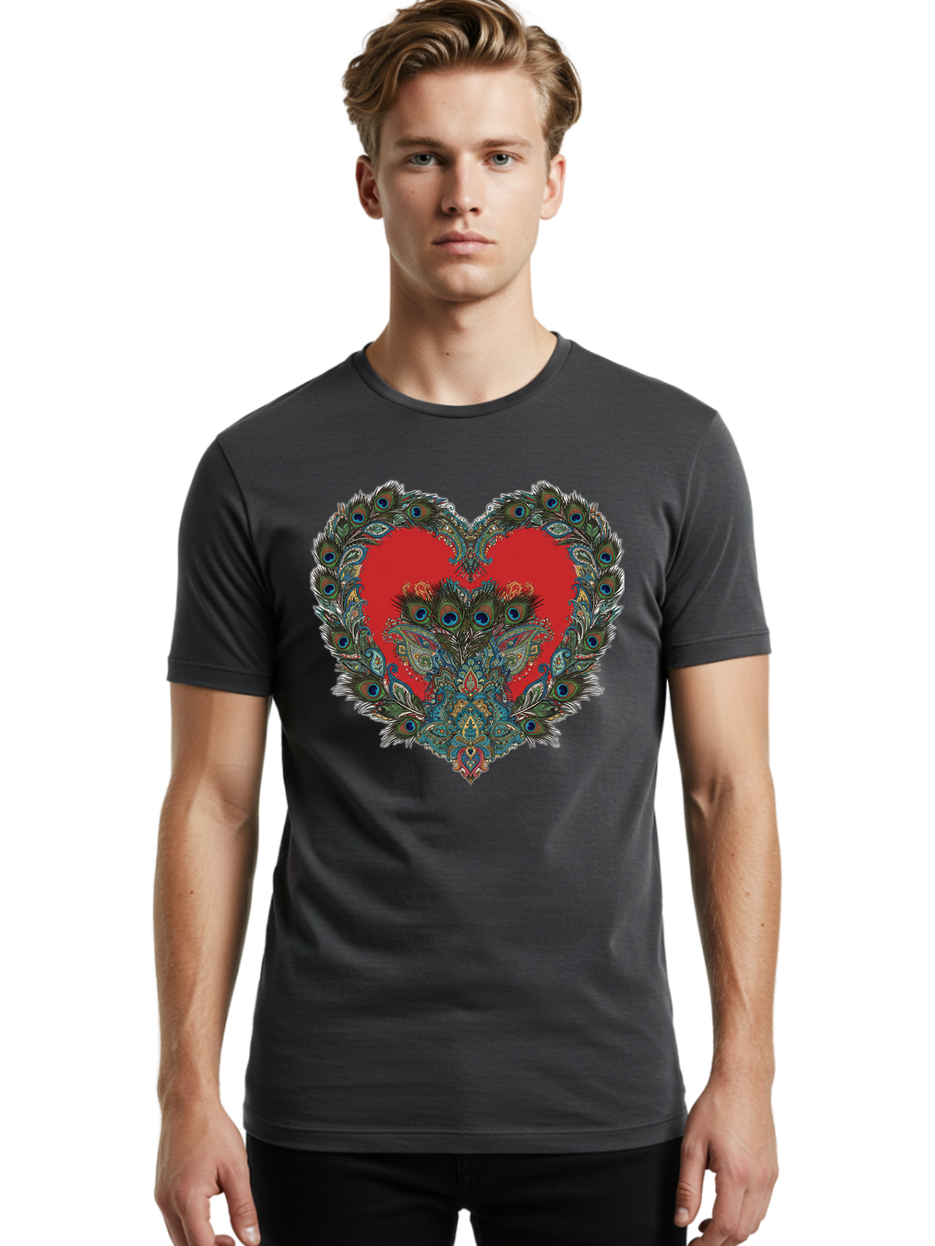 Heart-Peacock Men'S Graphic Tee, 100% Cotton, Comfortable Casual Summer Wear, Machine Washable, Heart Shape, Peacock Feathers, Red Heart, Blue Eyes, Colorful Design, Intricate Patterns, Symbolic Heart, Vibrant Colors, Emotional Expression, Baa788