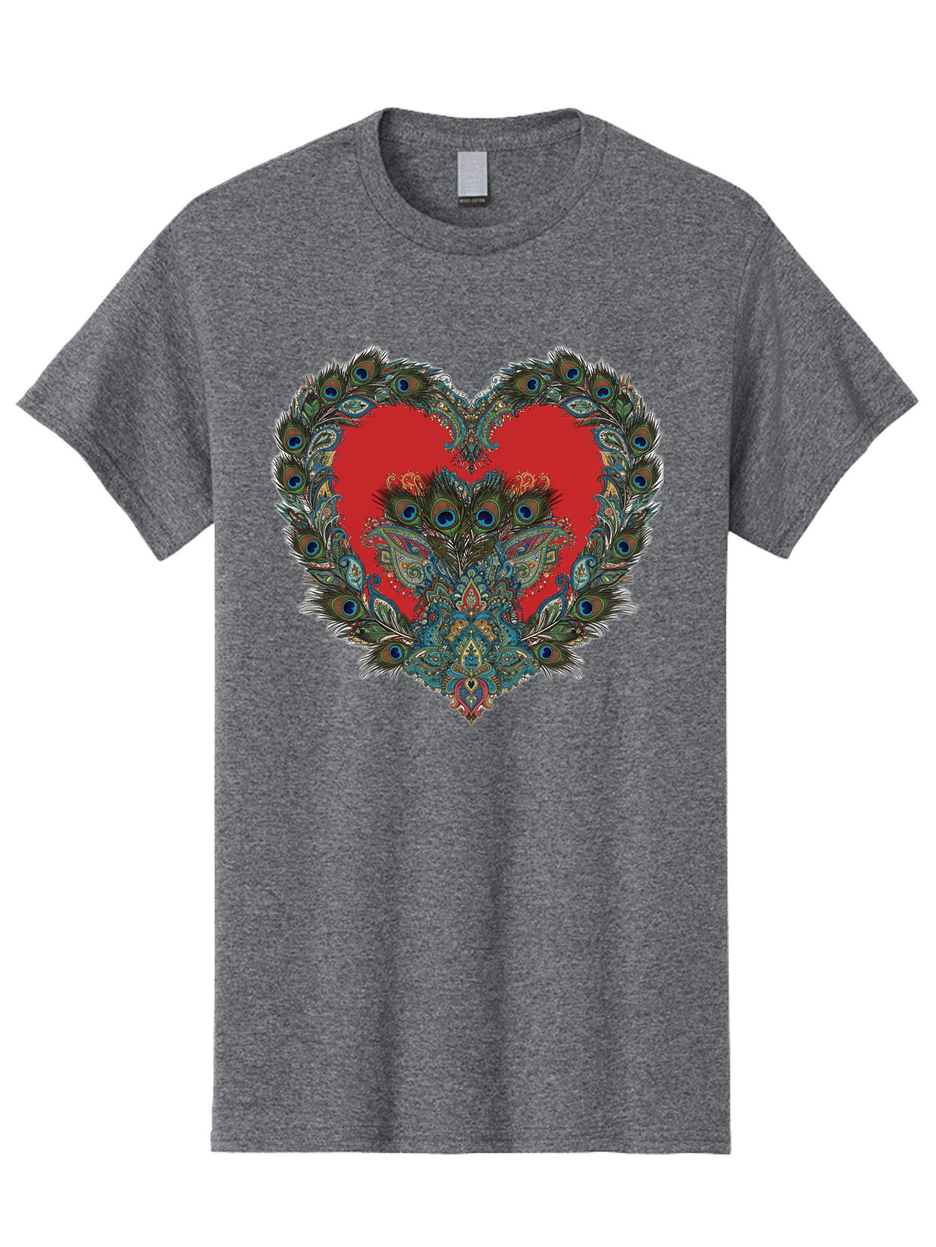 Heart-Peacock Men'S Graphic Tee, 100% Cotton, Comfortable Casual Summer Wear, Machine Washable, Heart Shape, Peacock Feathers, Red Heart, Blue Eyes, Colorful Design, Intricate Patterns, Symbolic Heart, Vibrant Colors, Emotional Expression, Baa788