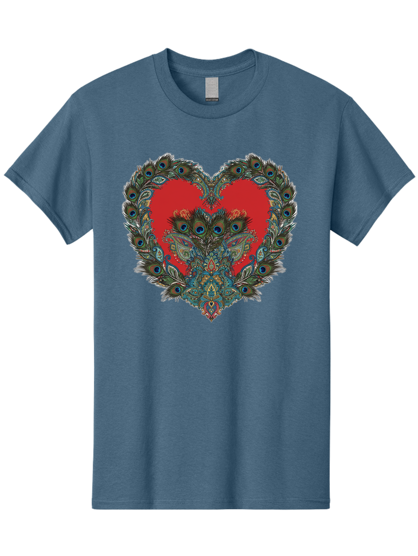 Heart-Peacock Men'S Graphic Tee, 100% Cotton, Comfortable Casual Summer Wear, Machine Washable, Heart Shape, Peacock Feathers, Red Heart, Blue Eyes, Colorful Design, Intricate Patterns, Symbolic Heart, Vibrant Colors, Emotional Expression, Baa788