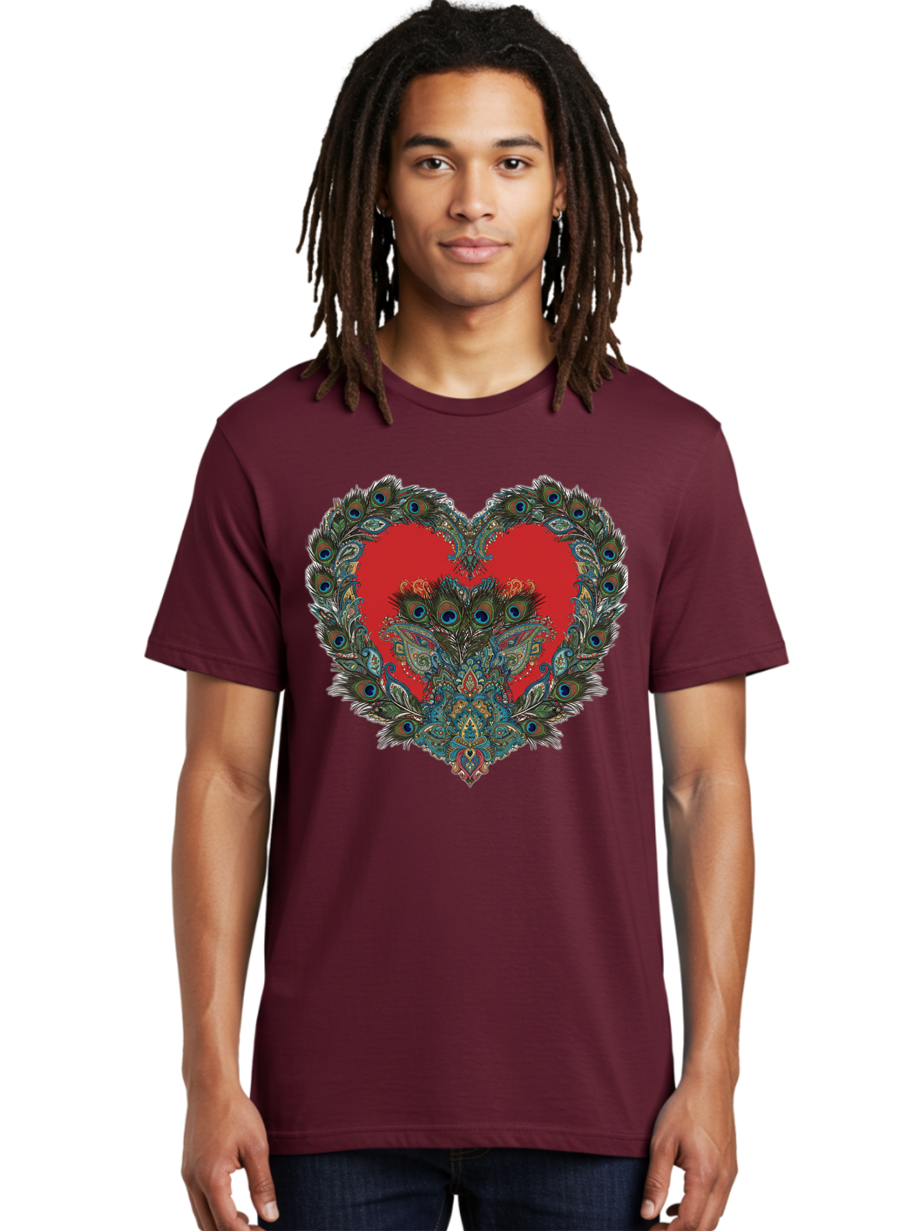 Heart-Peacock Men'S Graphic Tee, 100% Cotton, Comfortable Casual Summer Wear, Machine Washable, Heart Shape, Peacock Feathers, Red Heart, Blue Eyes, Colorful Design, Intricate Patterns, Symbolic Heart, Vibrant Colors, Emotional Expression, Baa788