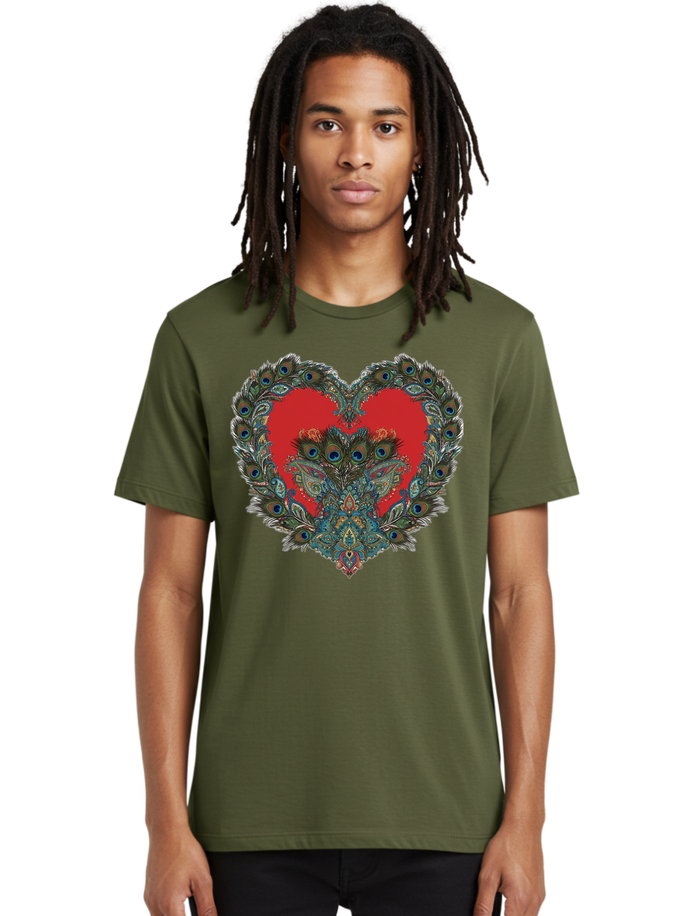 Heart-Peacock Men'S Graphic Tee, 100% Cotton, Comfortable Casual Summer Wear, Machine Washable, Heart Shape, Peacock Feathers, Red Heart, Blue Eyes, Colorful Design, Intricate Patterns, Symbolic Heart, Vibrant Colors, Emotional Expression, Baa788