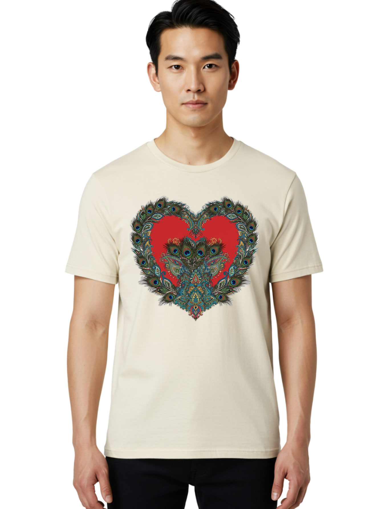 Heart-Peacock Men'S Graphic Tee, 100% Cotton, Comfortable Casual Summer Wear, Machine Washable, Heart Shape, Peacock Feathers, Red Heart, Blue Eyes, Colorful Design, Intricate Patterns, Symbolic Heart, Vibrant Colors, Emotional Expression, Baa788
